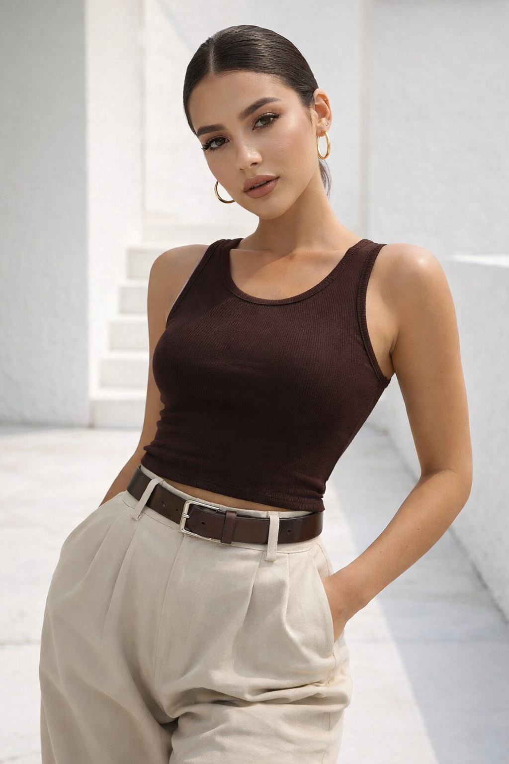 Kadın Kahverengi Basic Günlük Şık Crop Atlet