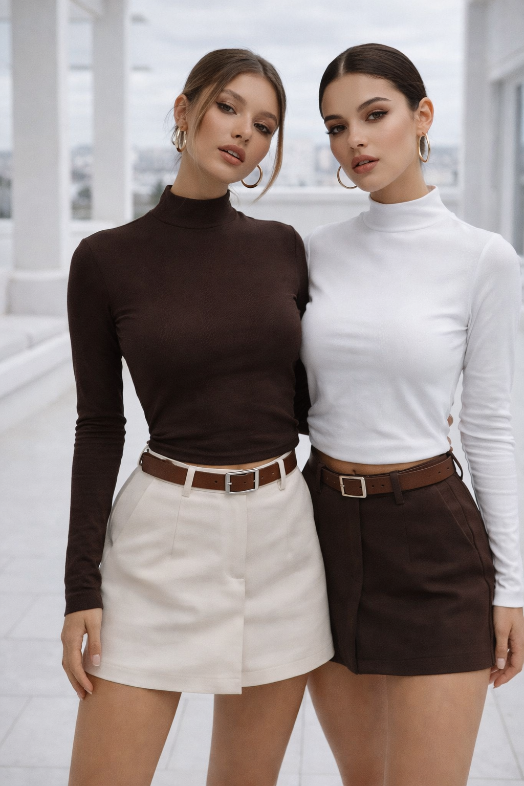 Kadın Kahverengi Beyaz 2'li Paket Yarım Balıkçı Yaka Uzun Kollu Crop Bluz