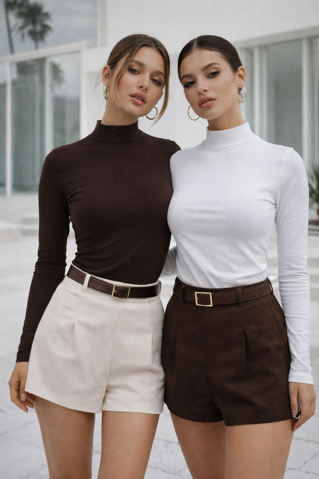 Kadın Kahverengi Beyaz 2'li Paket Yarım Balıkçı Yaka Uzun Kollu Crop Bluz