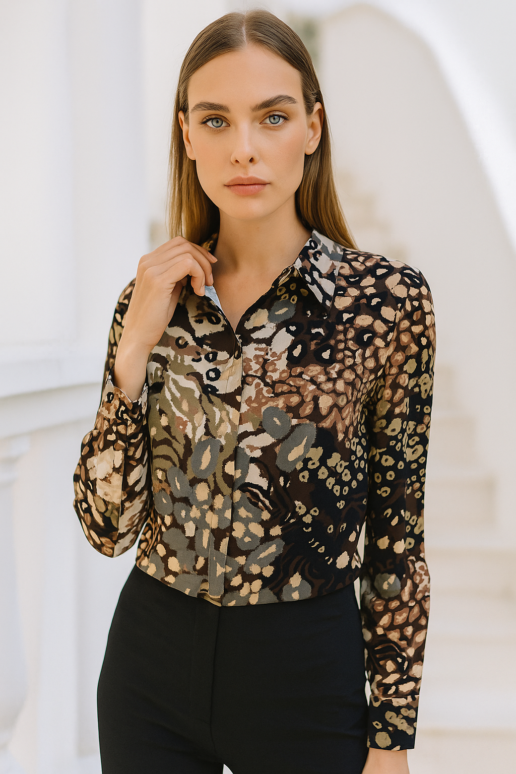 Kadın Kahverengi Desenli Viskon Gizli Düğme Detaylı Slim Fit Desing Gömlek