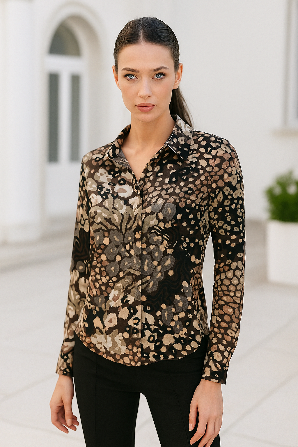 Kadın Kahverengi Desenli Viskon Gizli Düğme Detaylı Slim Fit Desing Gömlek