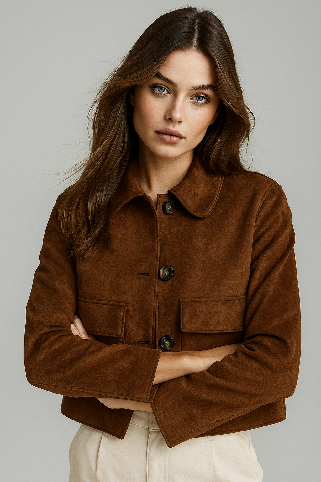 Kadın Kahverengi Kapaklı Yama Cepli Gömlek Yaka Düğmeli Süet Ceket 