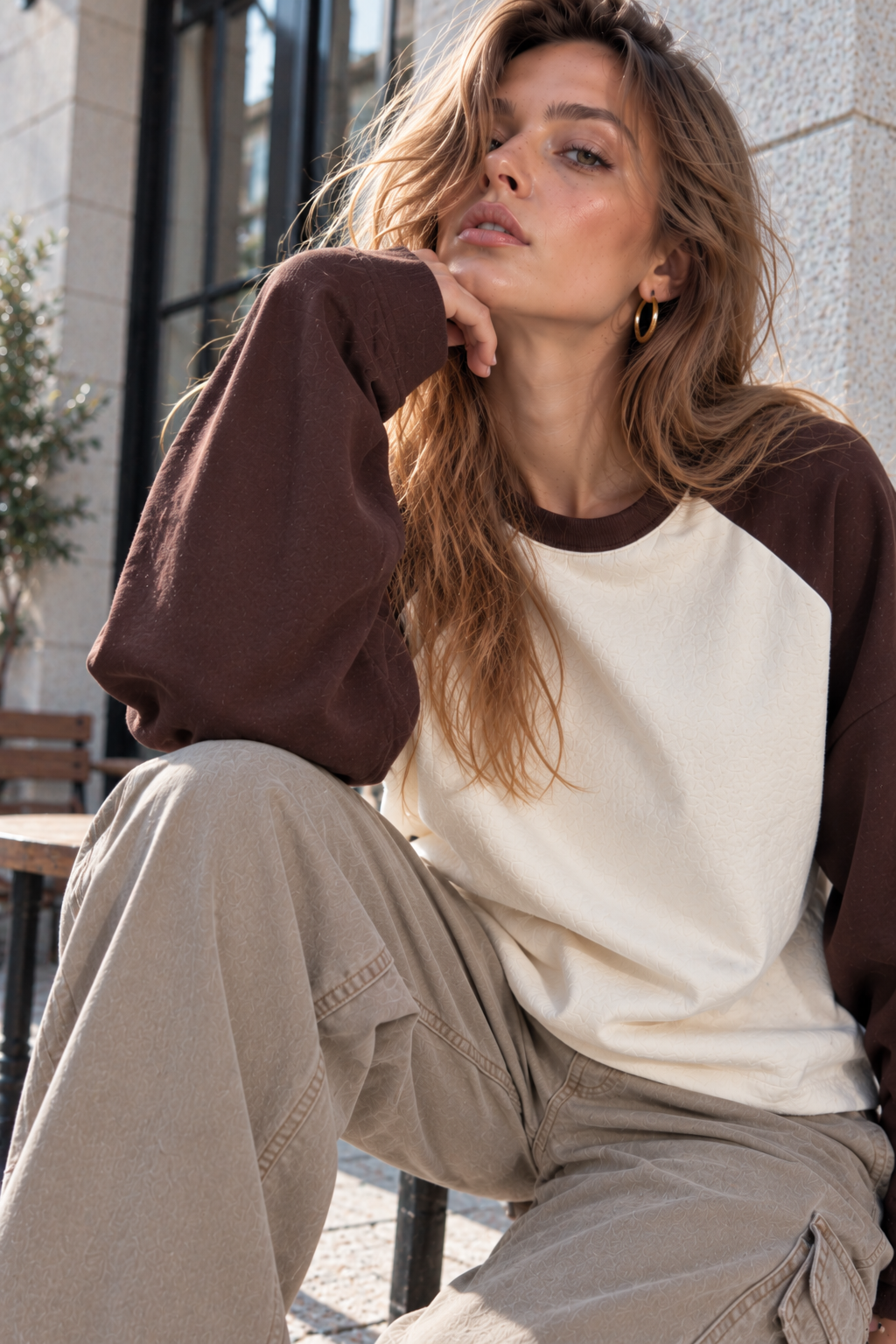 Kadın Kahverengi Krem Reglan Kol Pamuklu Oversize Sweatshirt