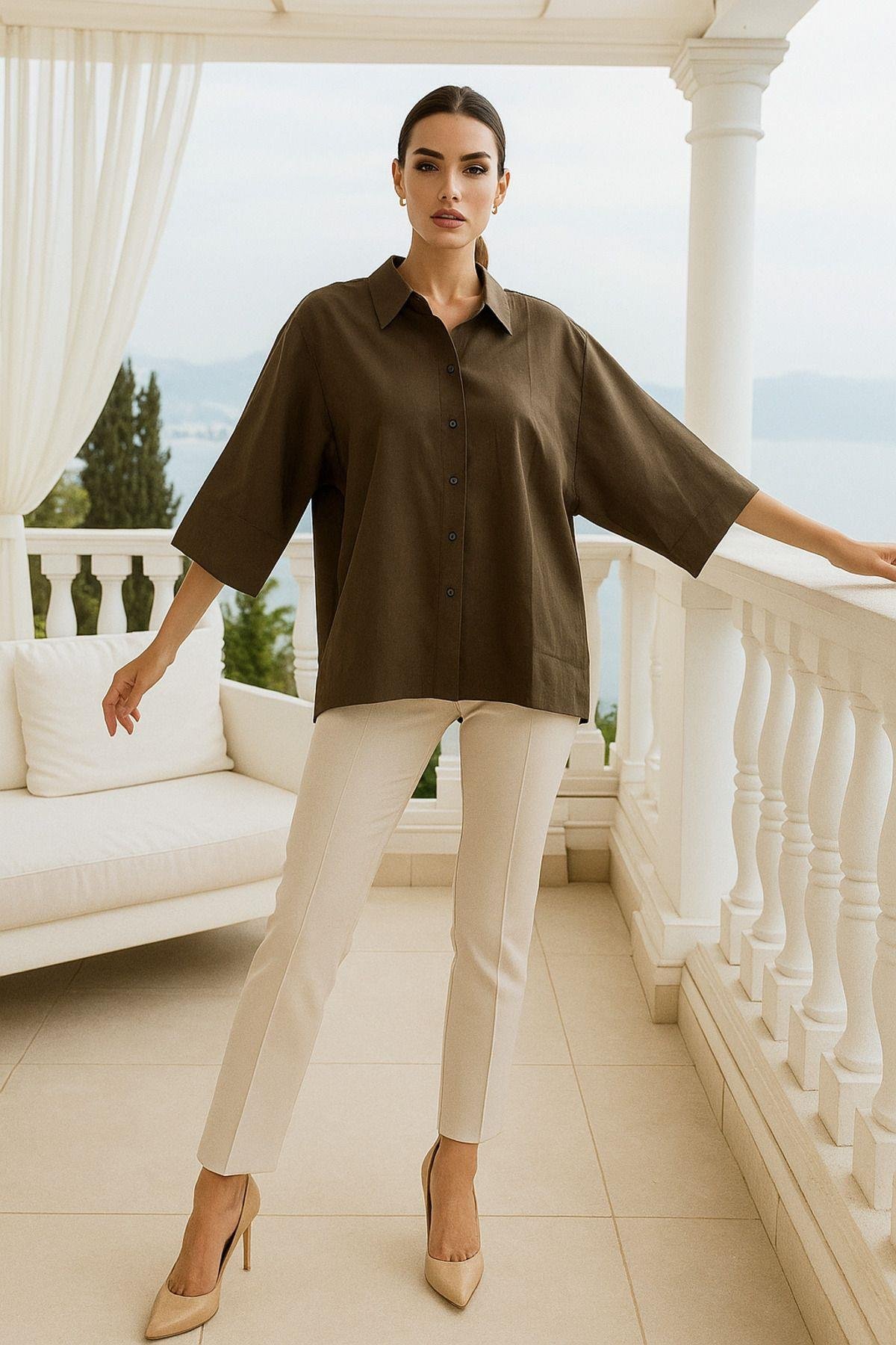 Kadın Kahverengi Oversize Gömlek - Trend Bol Kesim Yumuşak Dokulu Salaş Gömlek