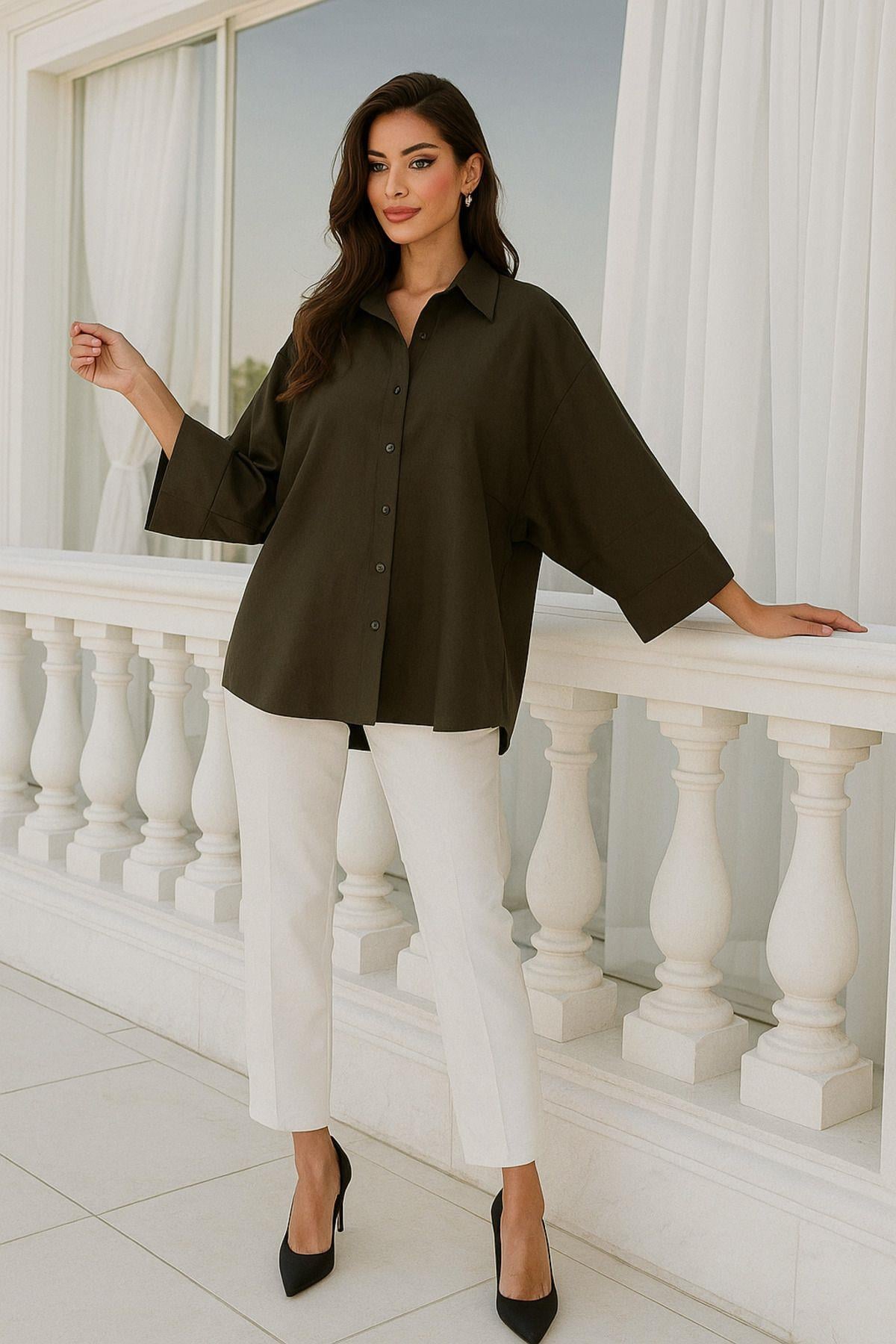 Kadın Kahverengi Oversize Gömlek - Trend Bol Kesim Yumuşak Dokulu Salaş Gömlek