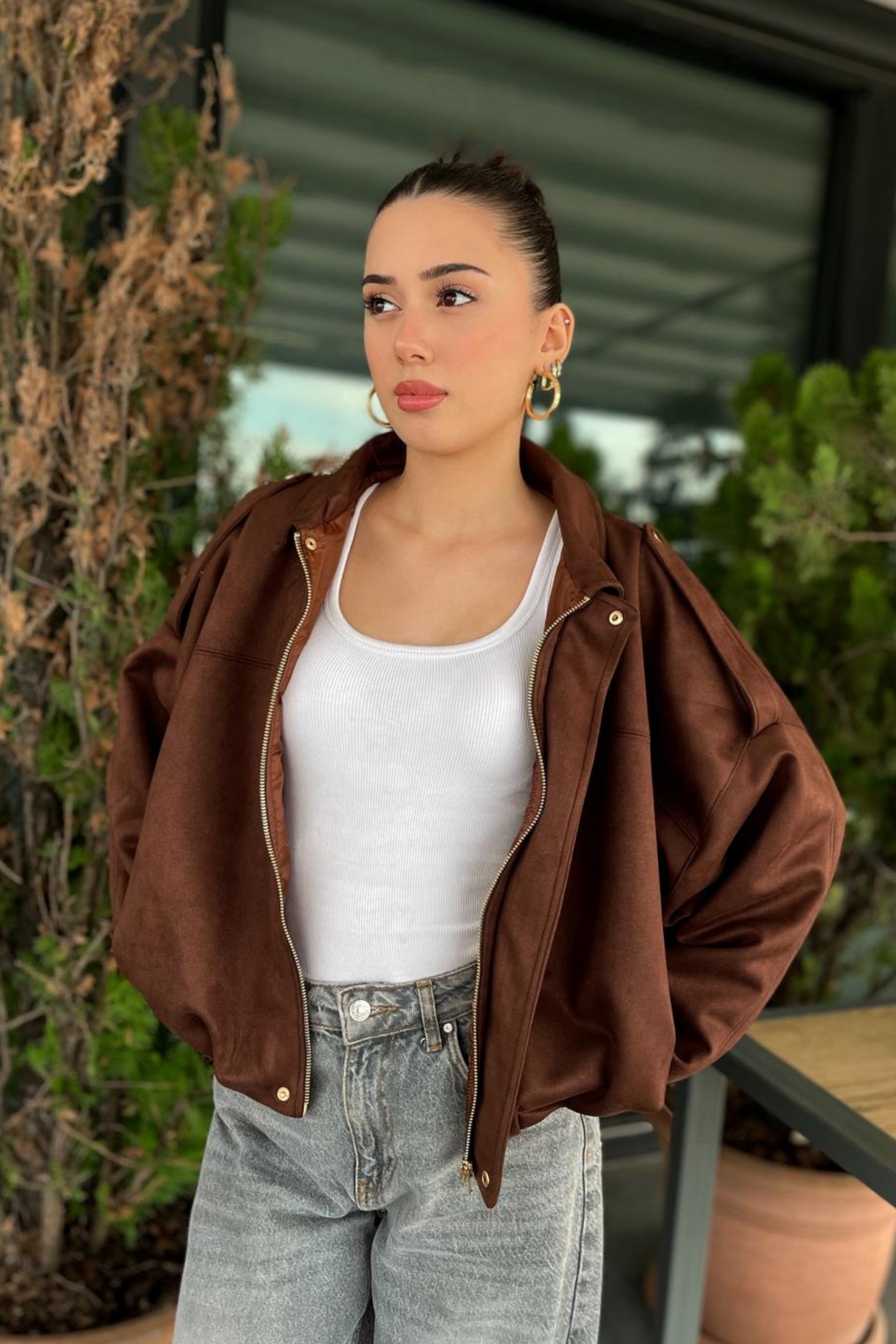 Kadın Kahverengi Oversize Süet Bomber Ceket