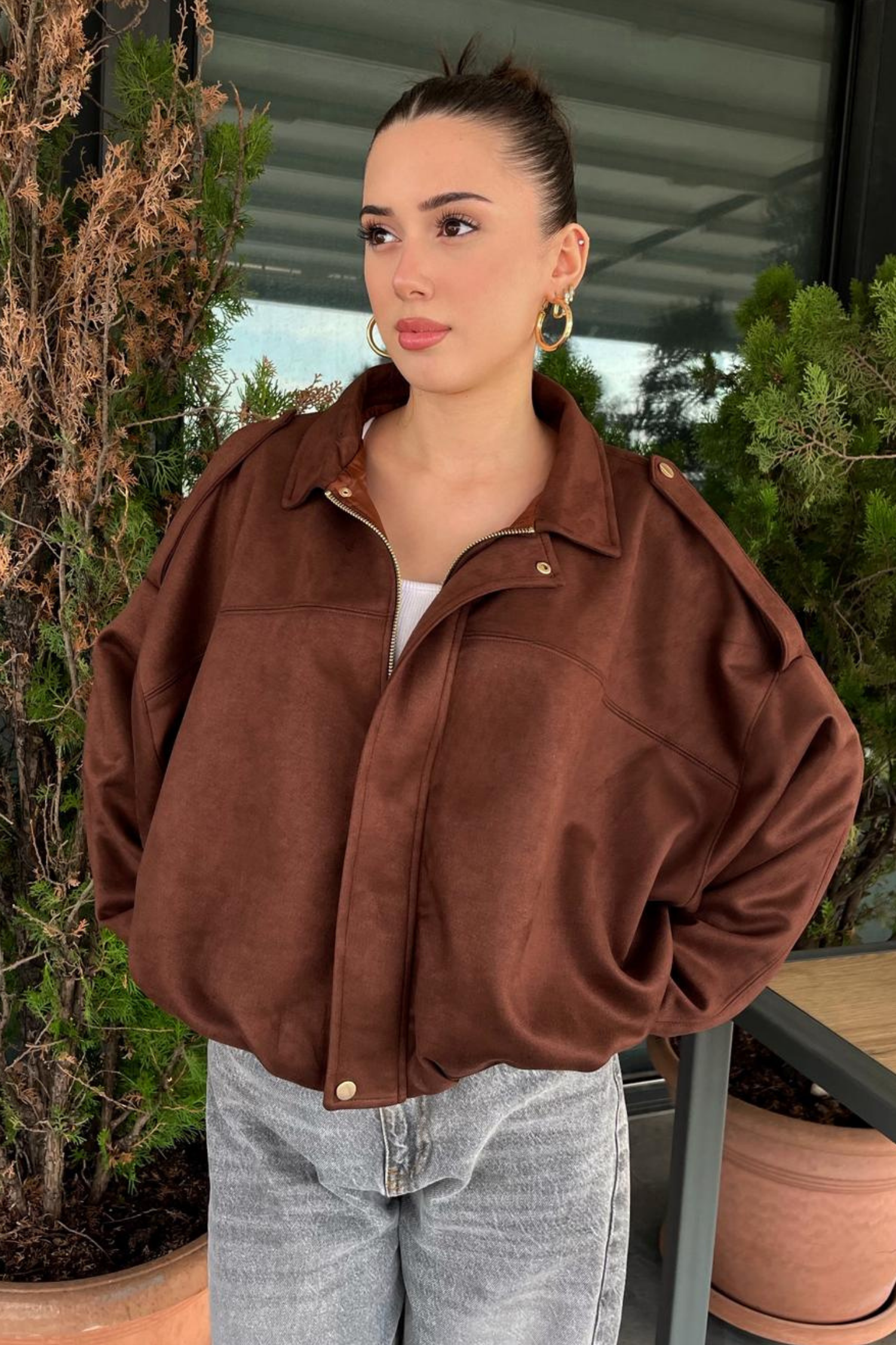 Kadın Kahverengi Oversize Süet Bomber Ceket