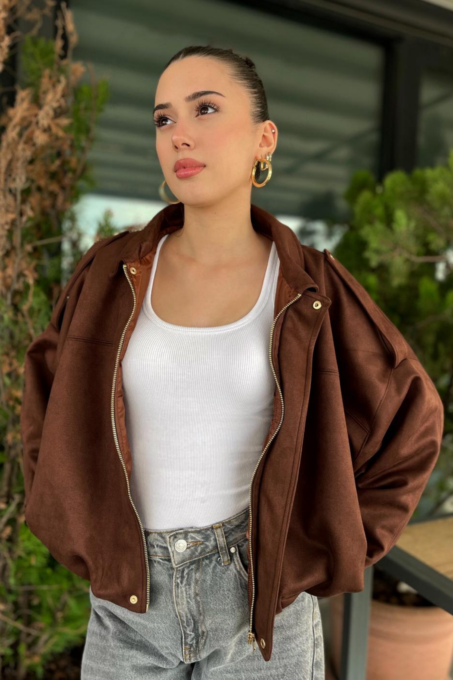 Kadın Kahverengi Oversize Süet Bomber Ceket