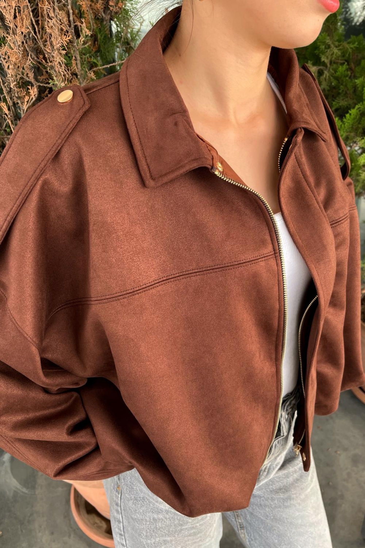Kadın Kahverengi Oversize Süet Bomber Ceket