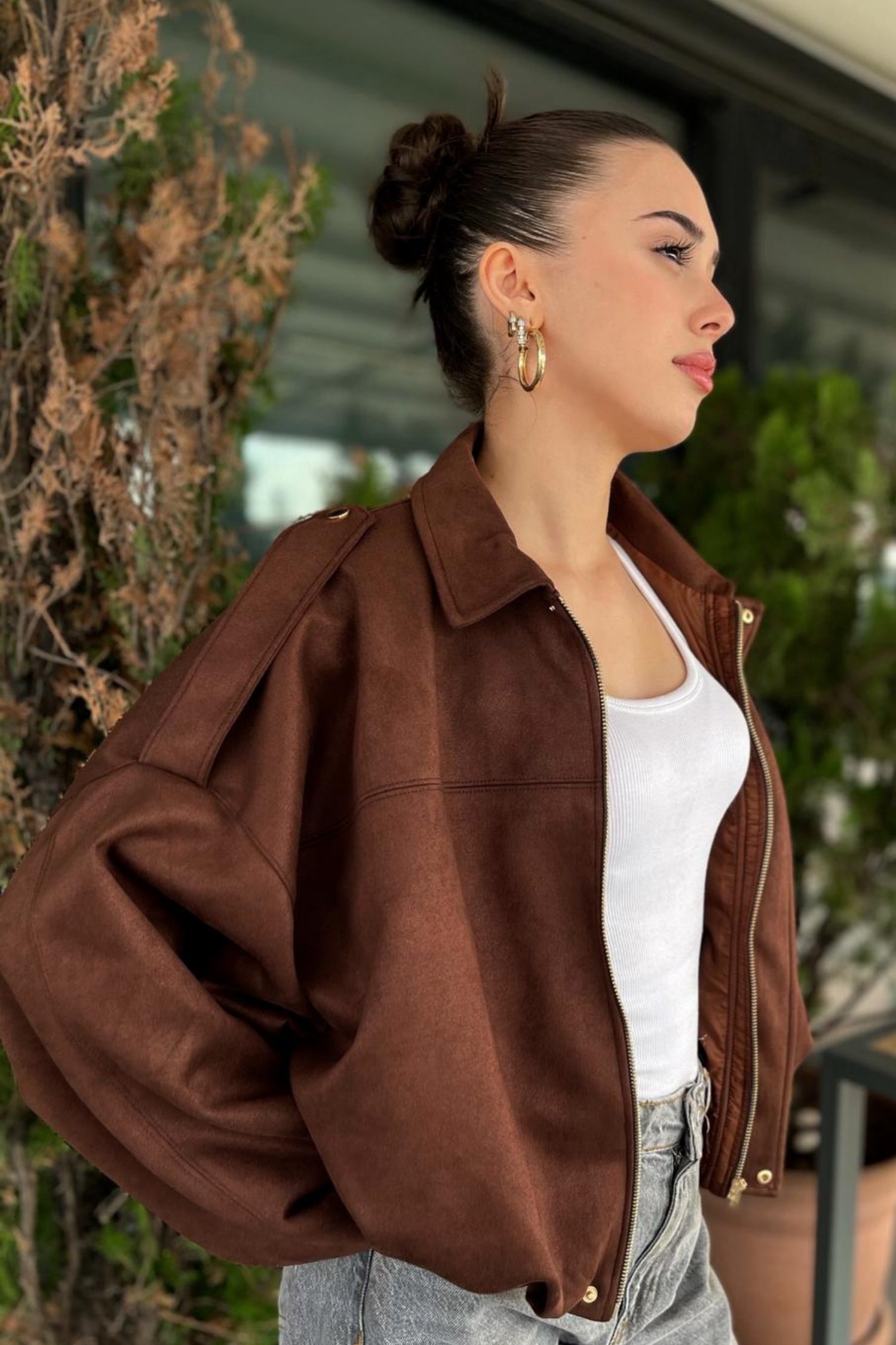 Kadın Kahverengi Oversize Süet Bomber Ceket