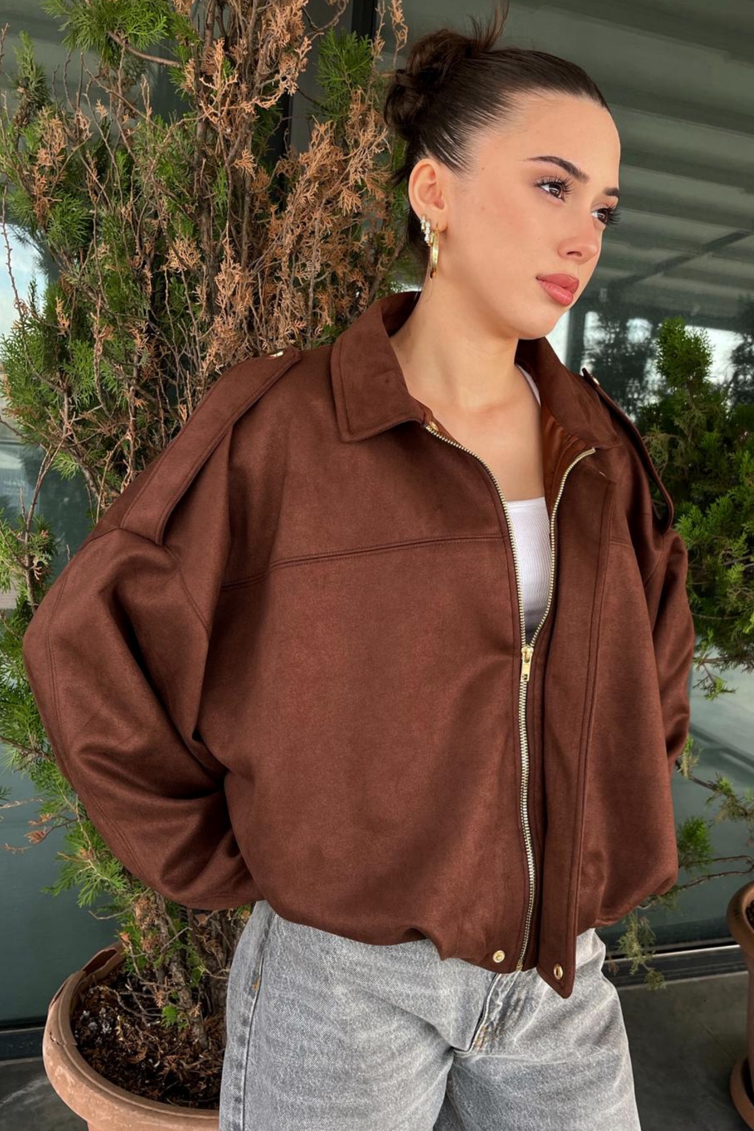 Kadın Kahverengi Oversize Süet Bomber Ceket