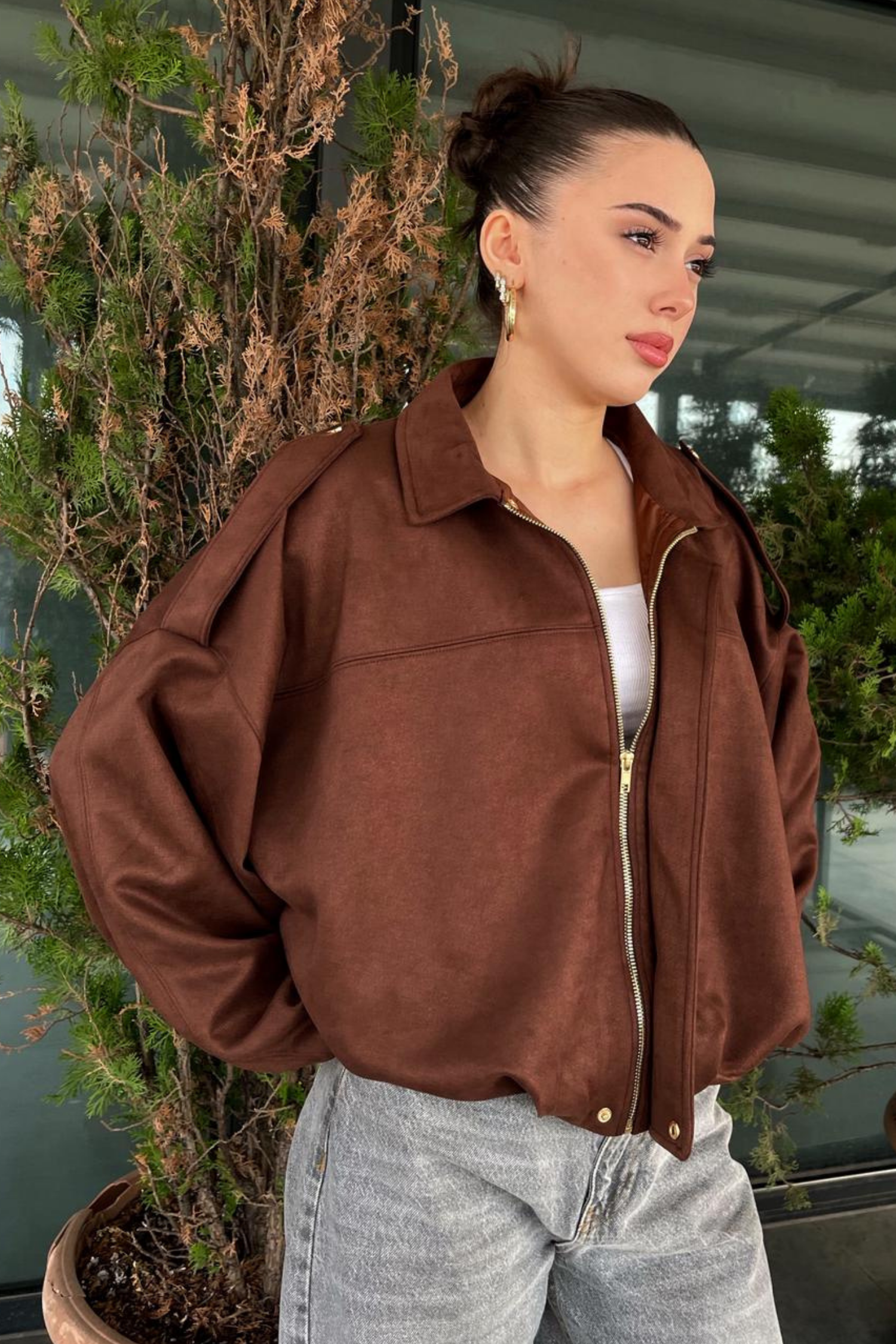 Kadın Kahverengi Oversize Süet Bomber Ceket