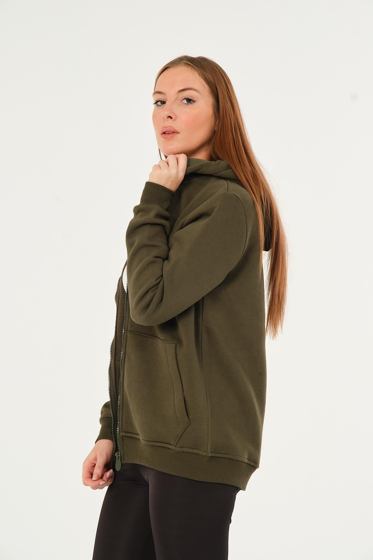 Kadın Kanguru Cepli Kapüşonlu Sweatshirt İçi Polar Kalın Hırka