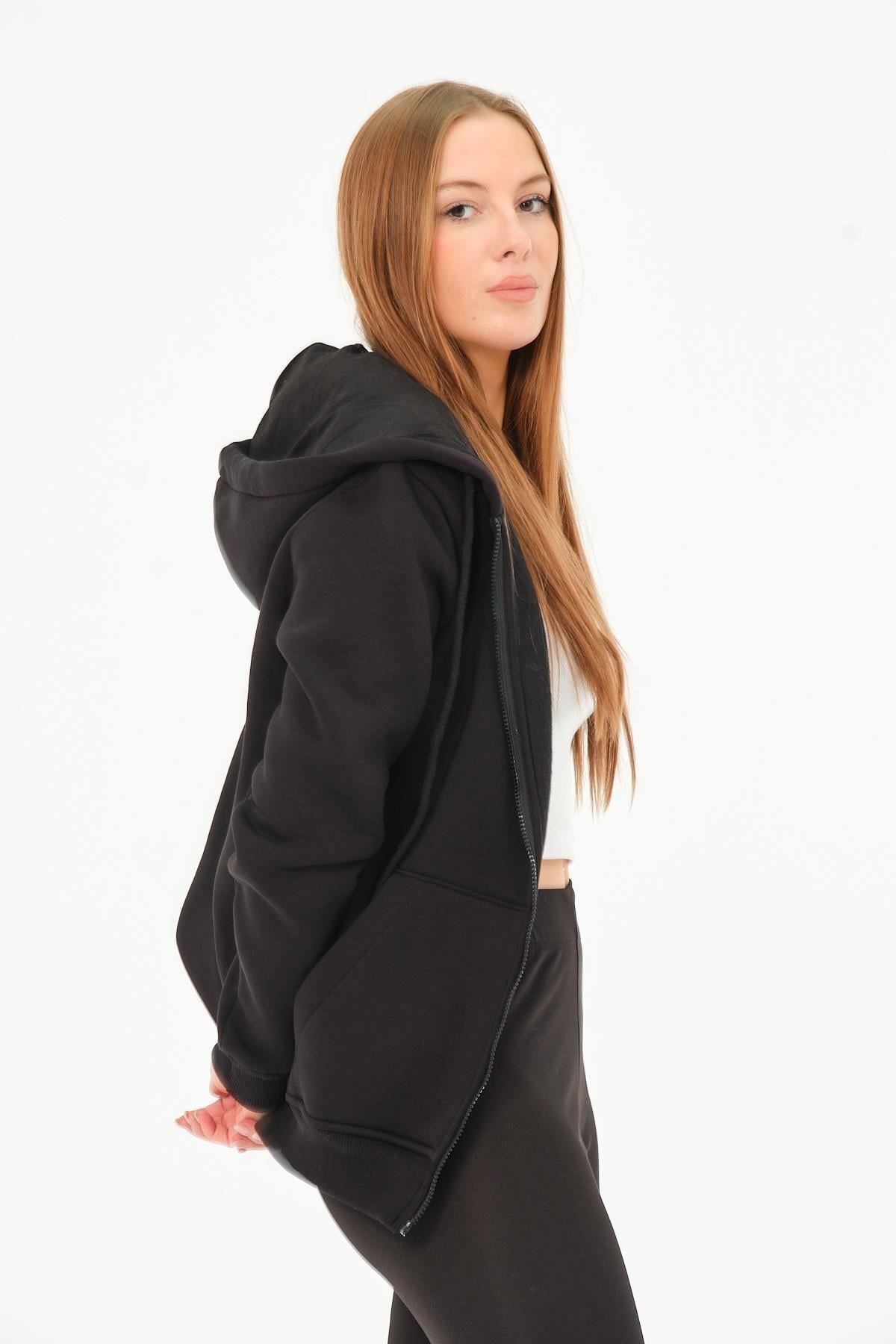 Kadın Kanguru Cepli Kapüşonlu Sweatshirt İçi Polar Kalın Hırka