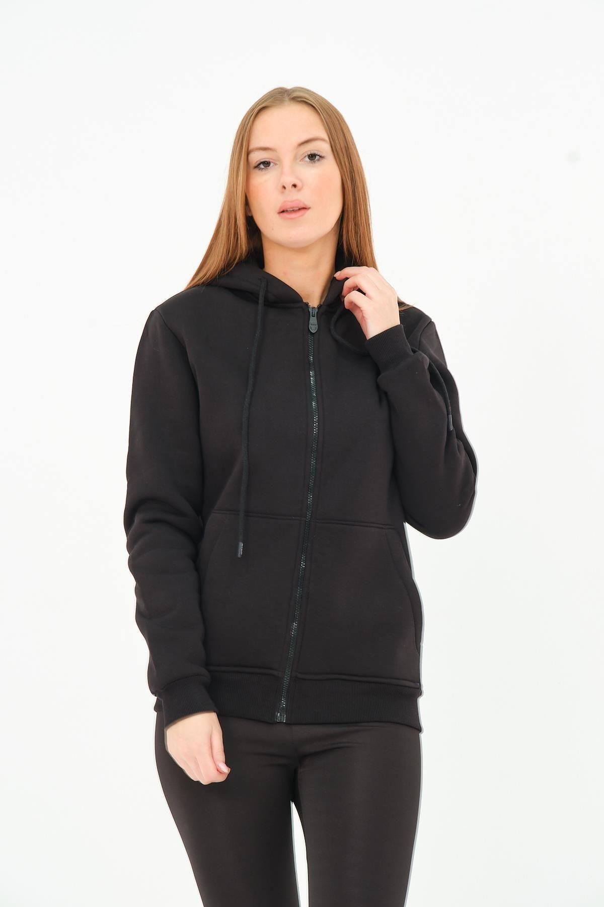 Kadın Kanguru Cepli Kapüşonlu Sweatshirt İçi Polar Kalın Hırka