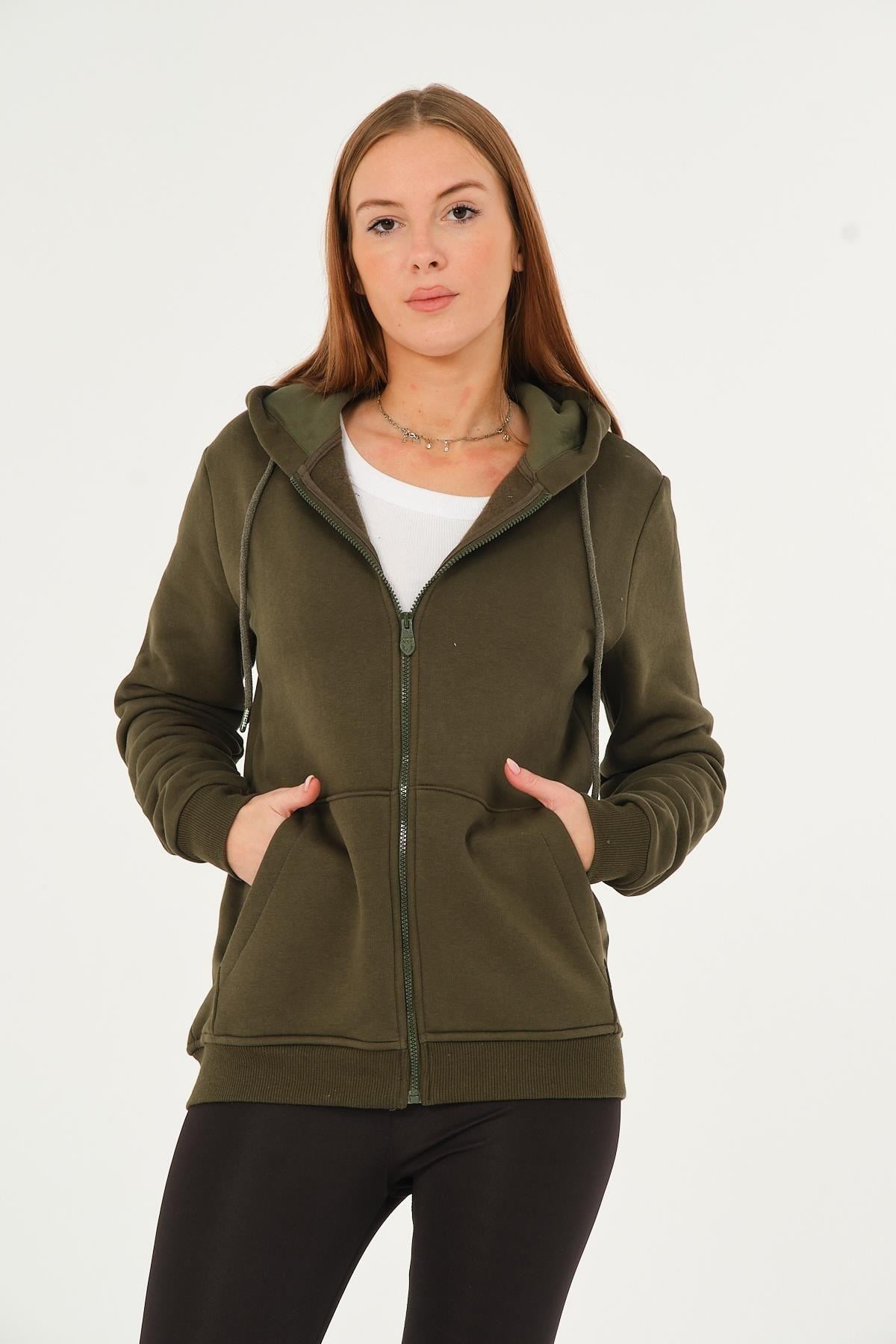 Kadın Kanguru Cepli Kapüşonlu Sweatshirt İçi Polar Kalın Hırka