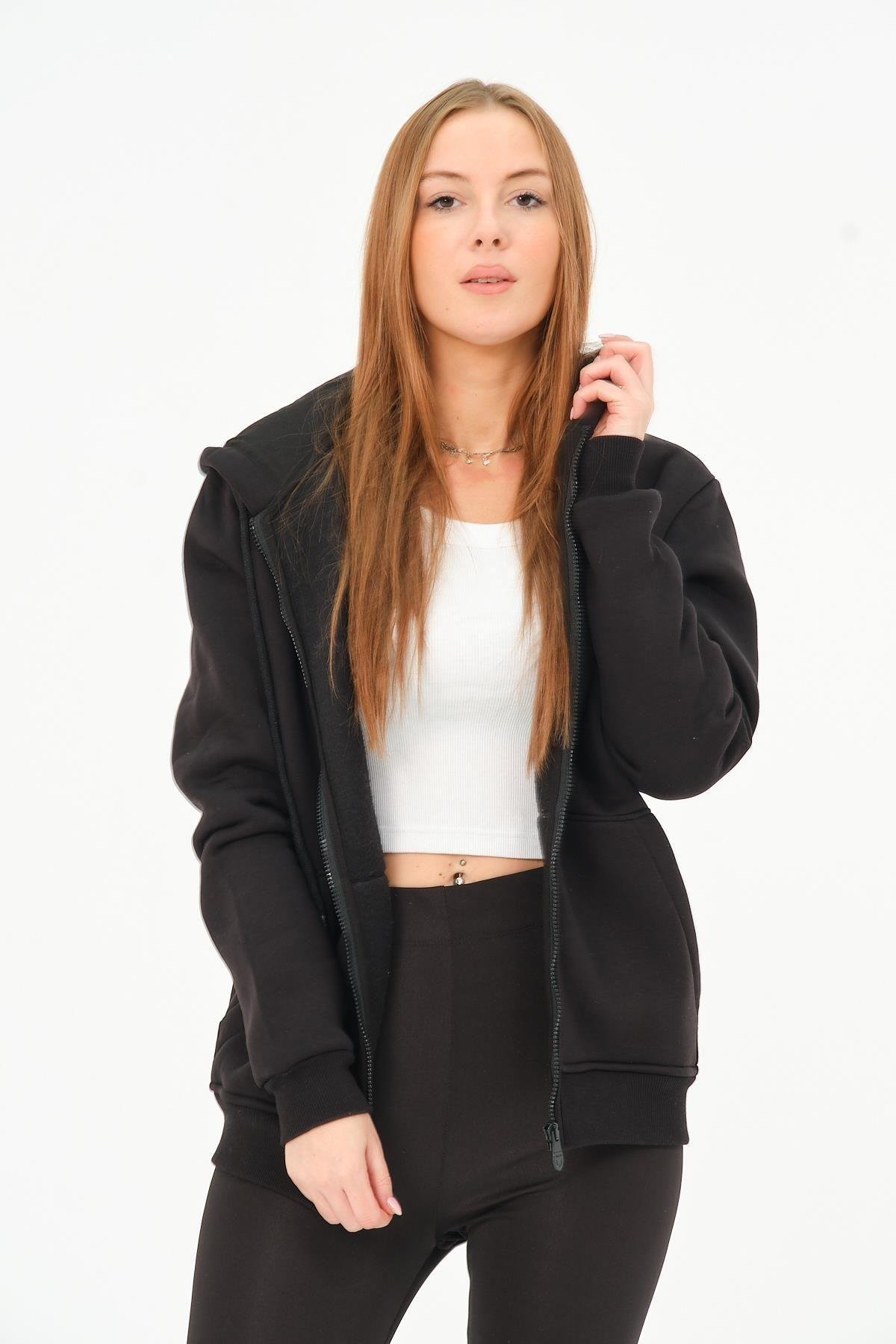 Kadın Kanguru Cepli Kapüşonlu Sweatshirt İçi Polar Kalın Hırka