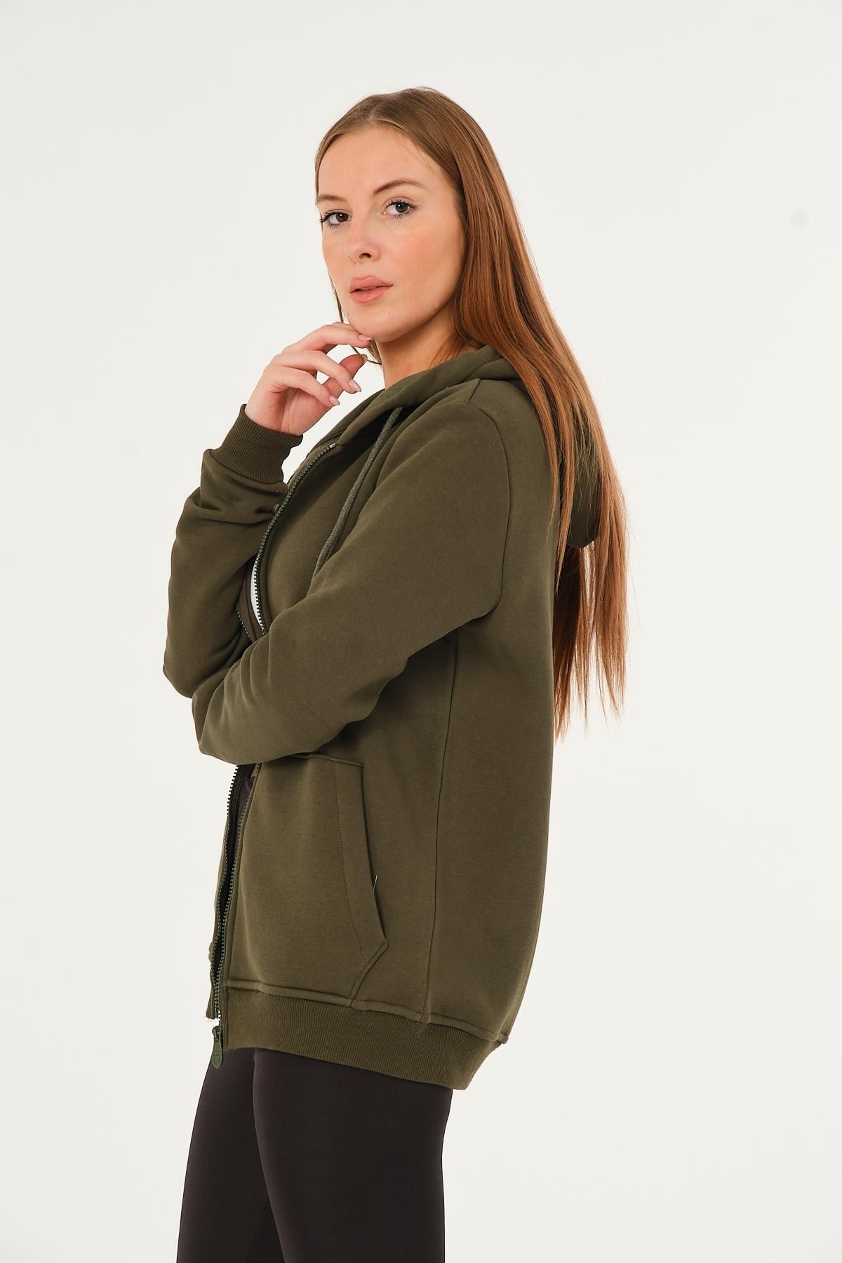 Kadın Kanguru Cepli Kapüşonlu Sweatshirt İçi Polar Kalın Hırka