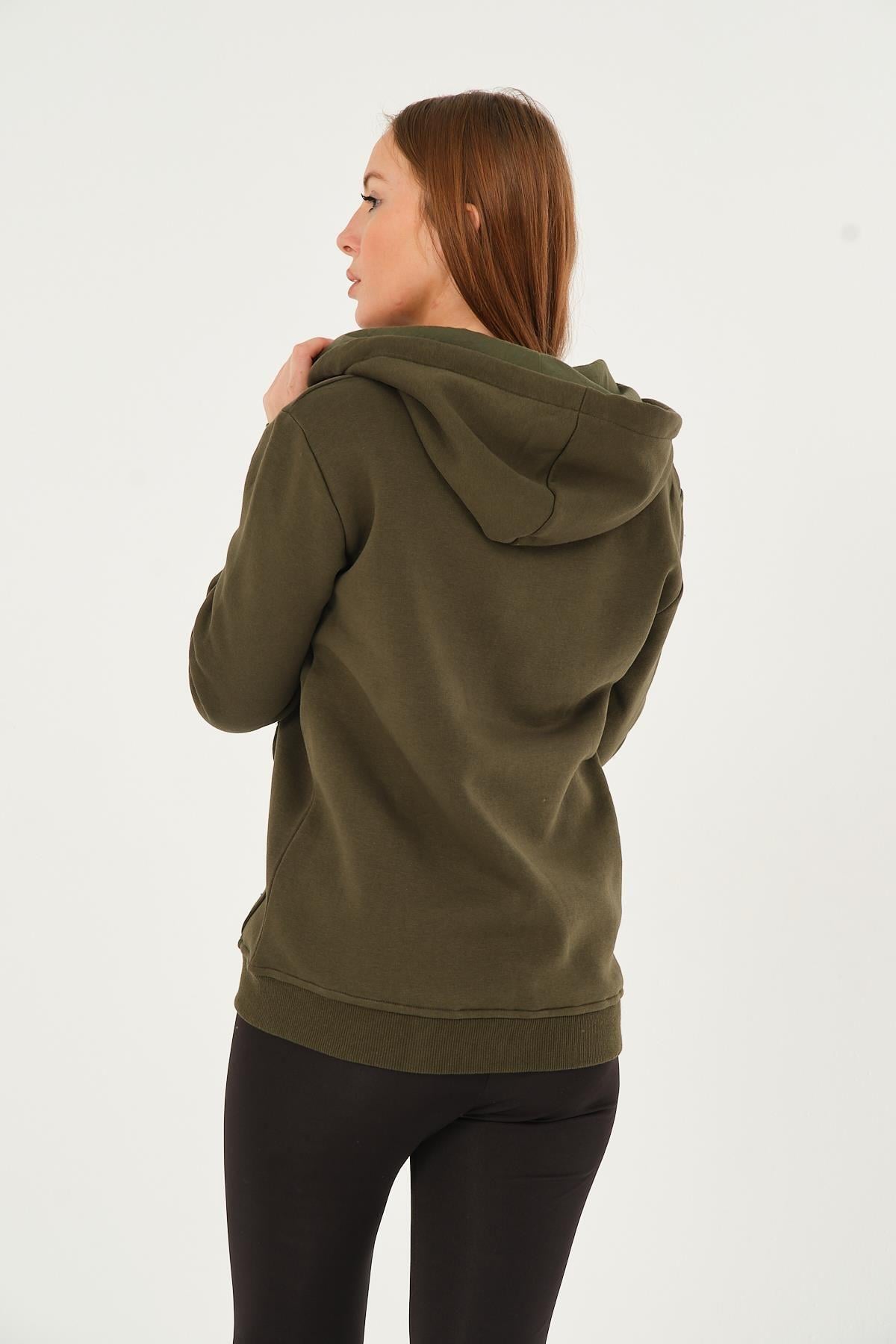 Kadın Kanguru Cepli Kapüşonlu Sweatshirt İçi Polar Kalın Hırka