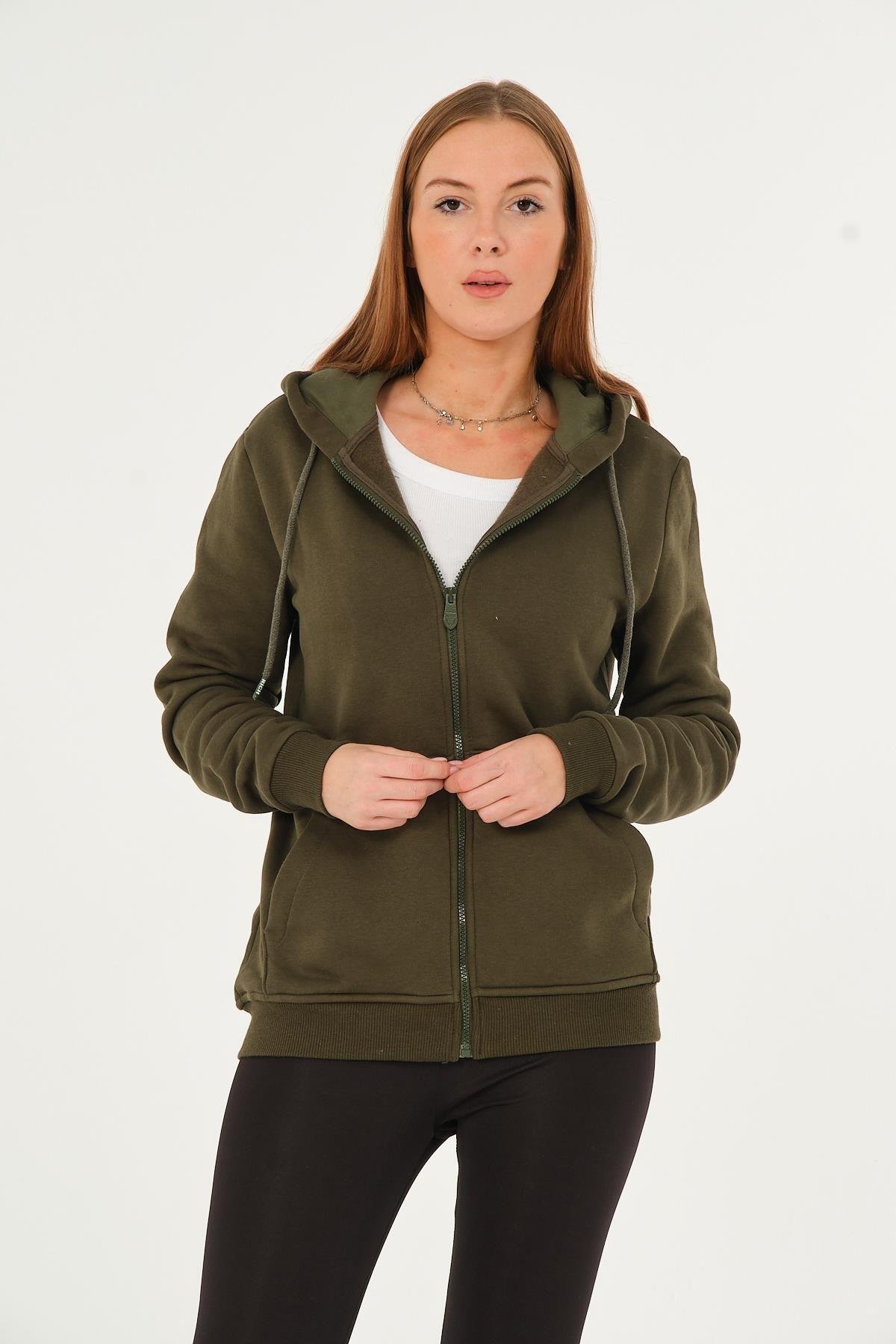 Kadın Kanguru Cepli Kapüşonlu Sweatshirt İçi Polar Kalın Hırka