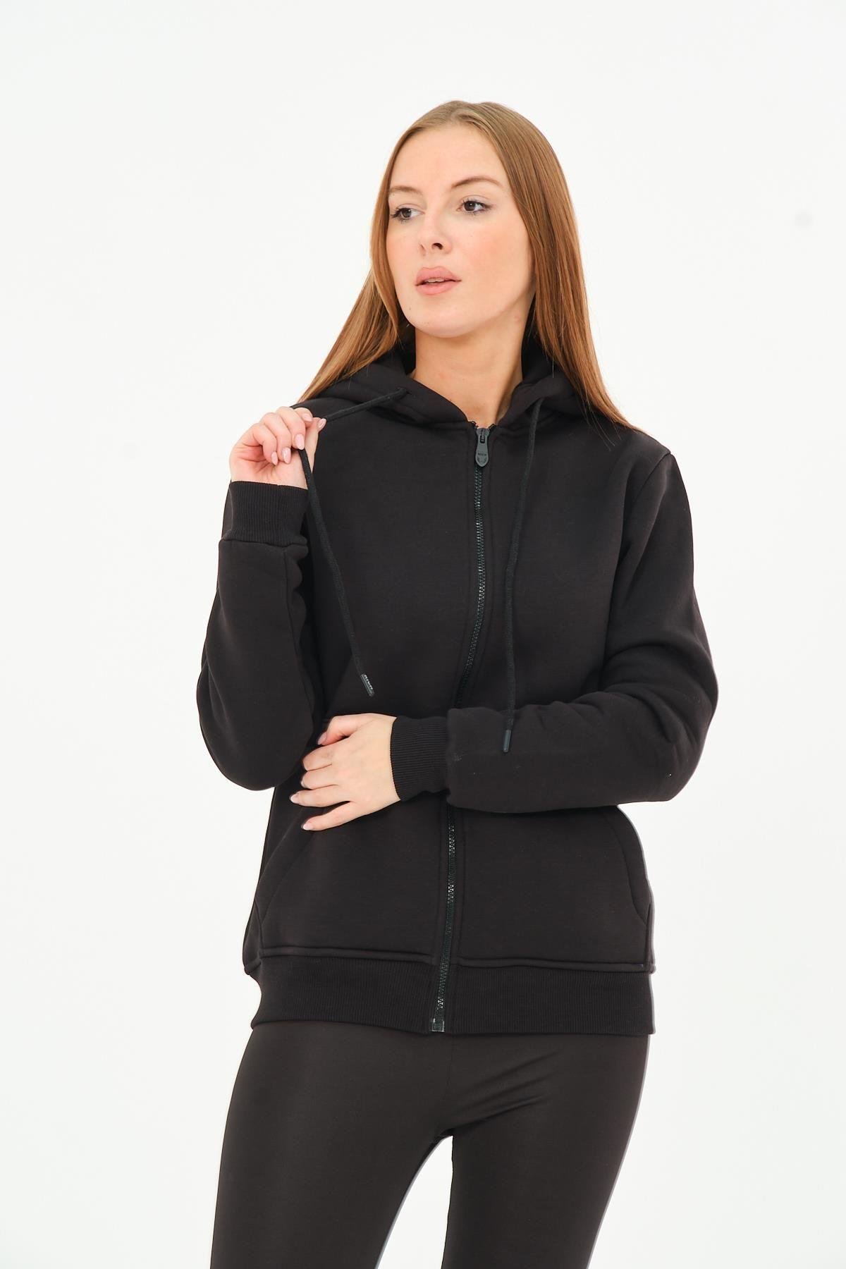 Kadın Kanguru Cepli Kapüşonlu Sweatshirt İçi Polar Kalın Hırka
