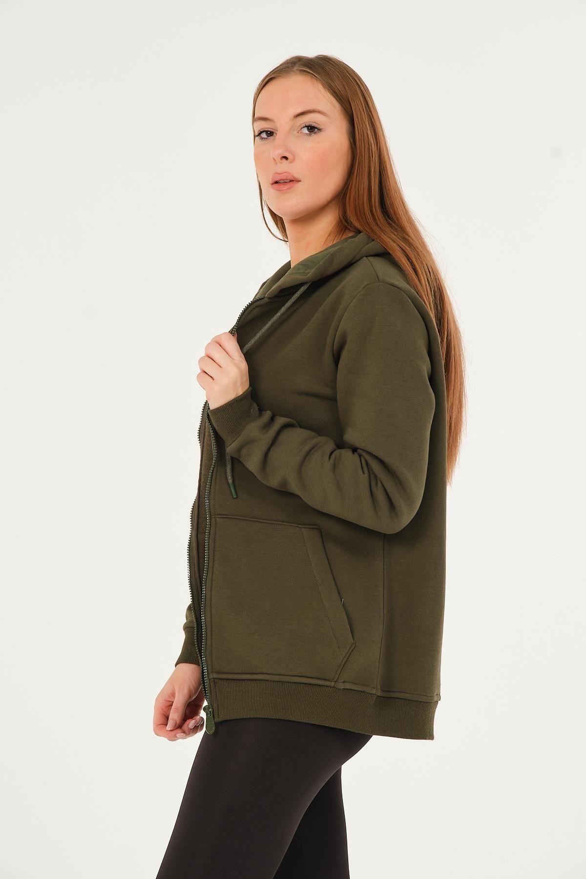 Kadın Kanguru Cepli Kapüşonlu Sweatshirt İçi Polar Kalın Hırka