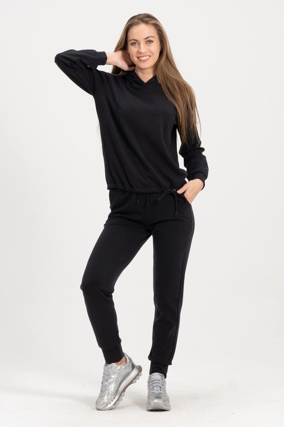 Kadın Kapüşonlu Siyah Sweatshirt Ve Eşofman Takımı Scuba Kumaşı