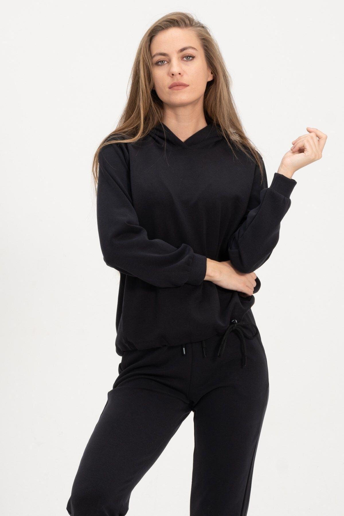 Kadın Kapüşonlu Siyah Sweatshirt Ve Eşofman Takımı Scuba Kumaşı
