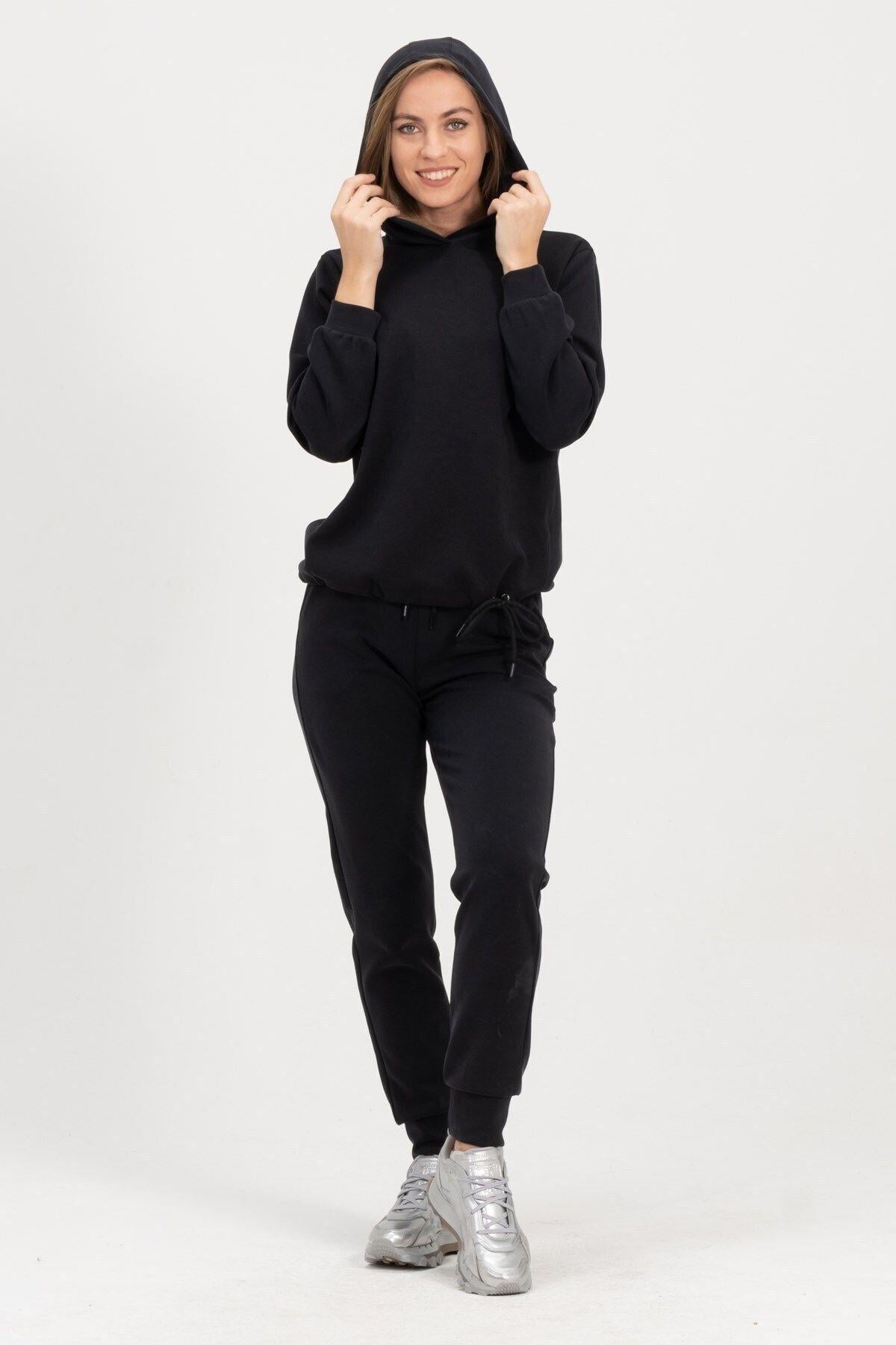 Kadın Kapüşonlu Siyah Sweatshirt Ve Eşofman Takımı Scuba Kumaşı