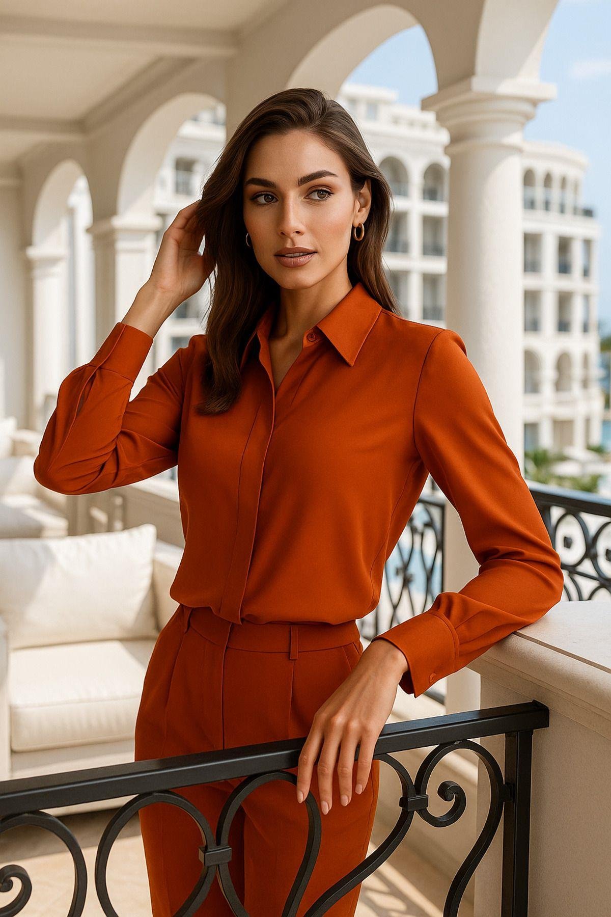 Kadın Kiremit Gizli Düğme Detaylı Slim Fit Trend Krep Gömlek