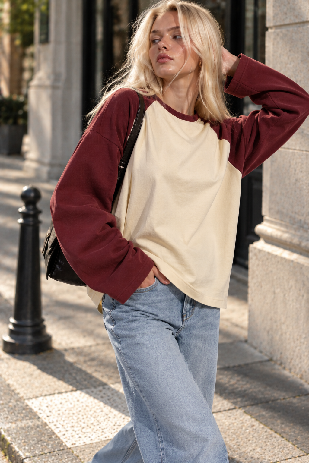 Kadın Kiremit Krem Reglan Kol Pamuklu Oversize Sweatshirt