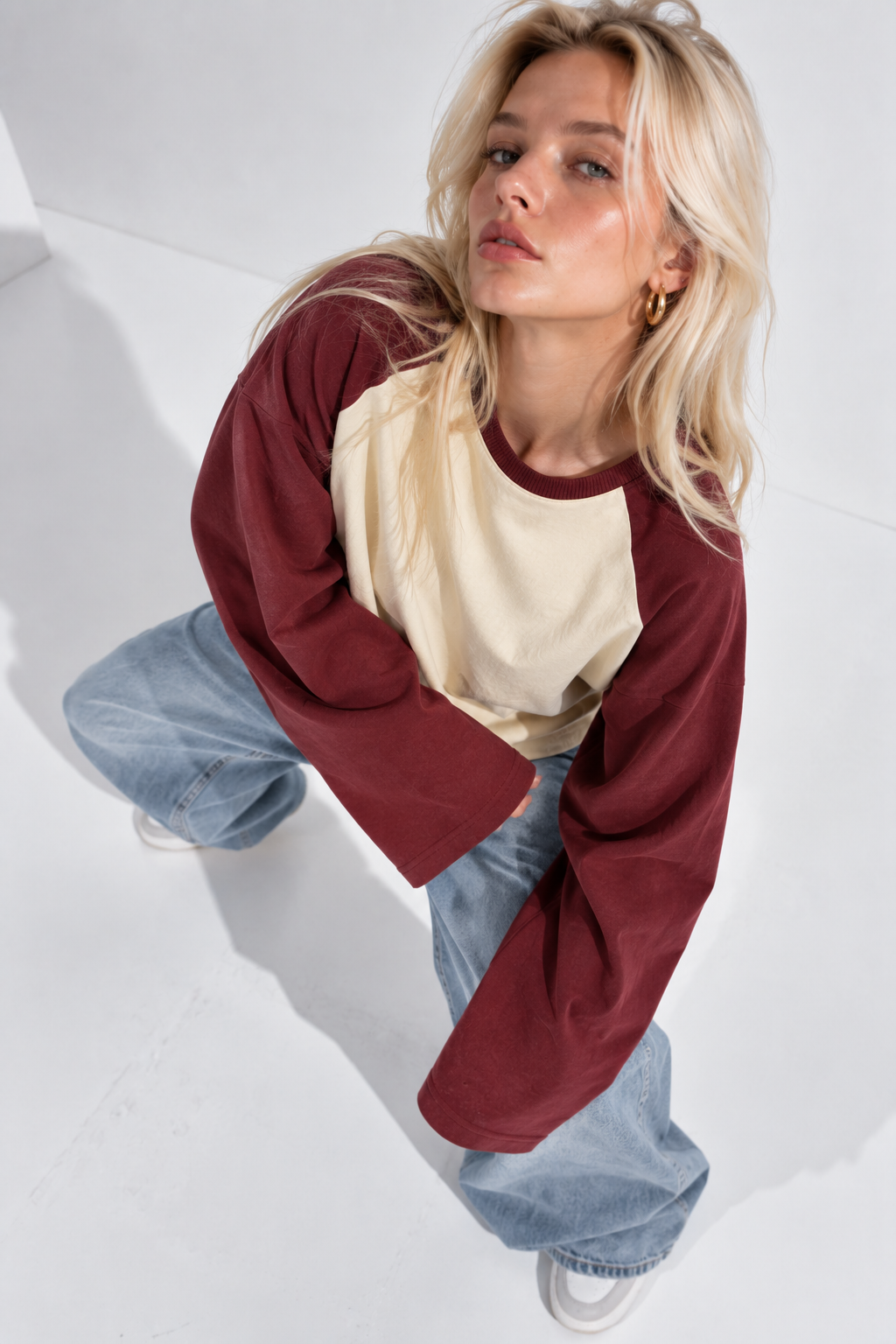 Kadın Kiremit Krem Reglan Kol Pamuklu Oversize Sweatshirt