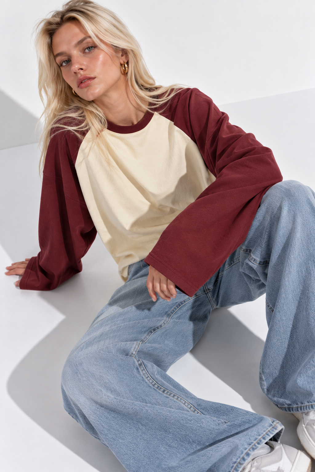 Kadın Kiremit Krem Reglan Kol Pamuklu Oversize Sweatshirt