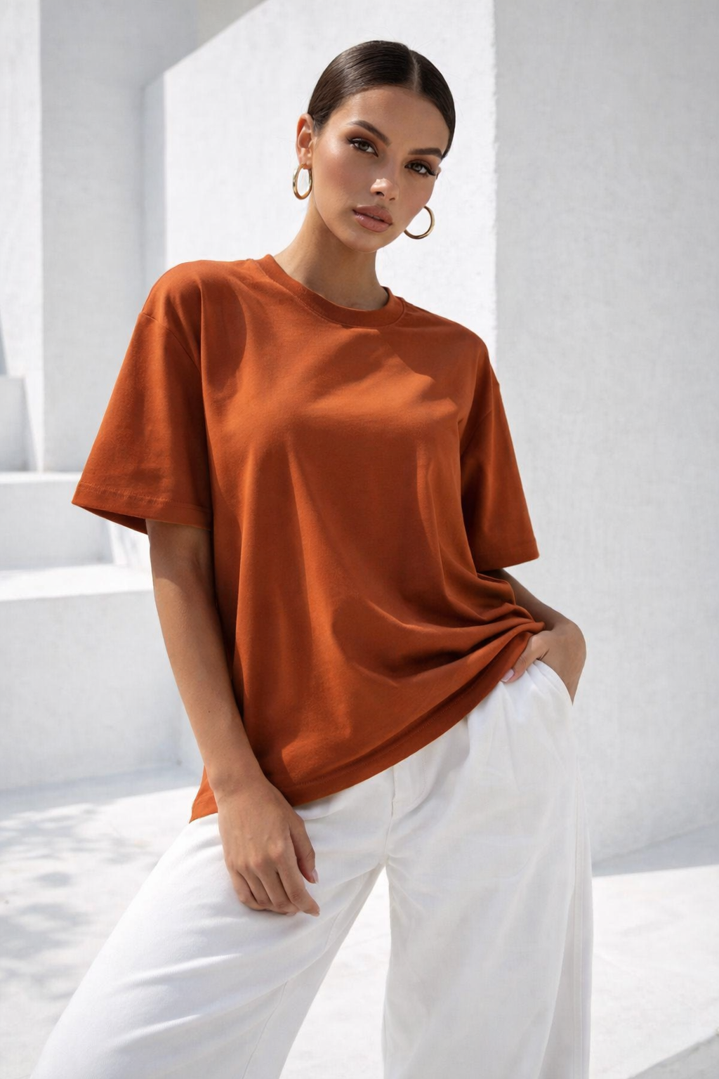 Kadın Kiremit Premium Modal Kumaş Oversize T-Shirt