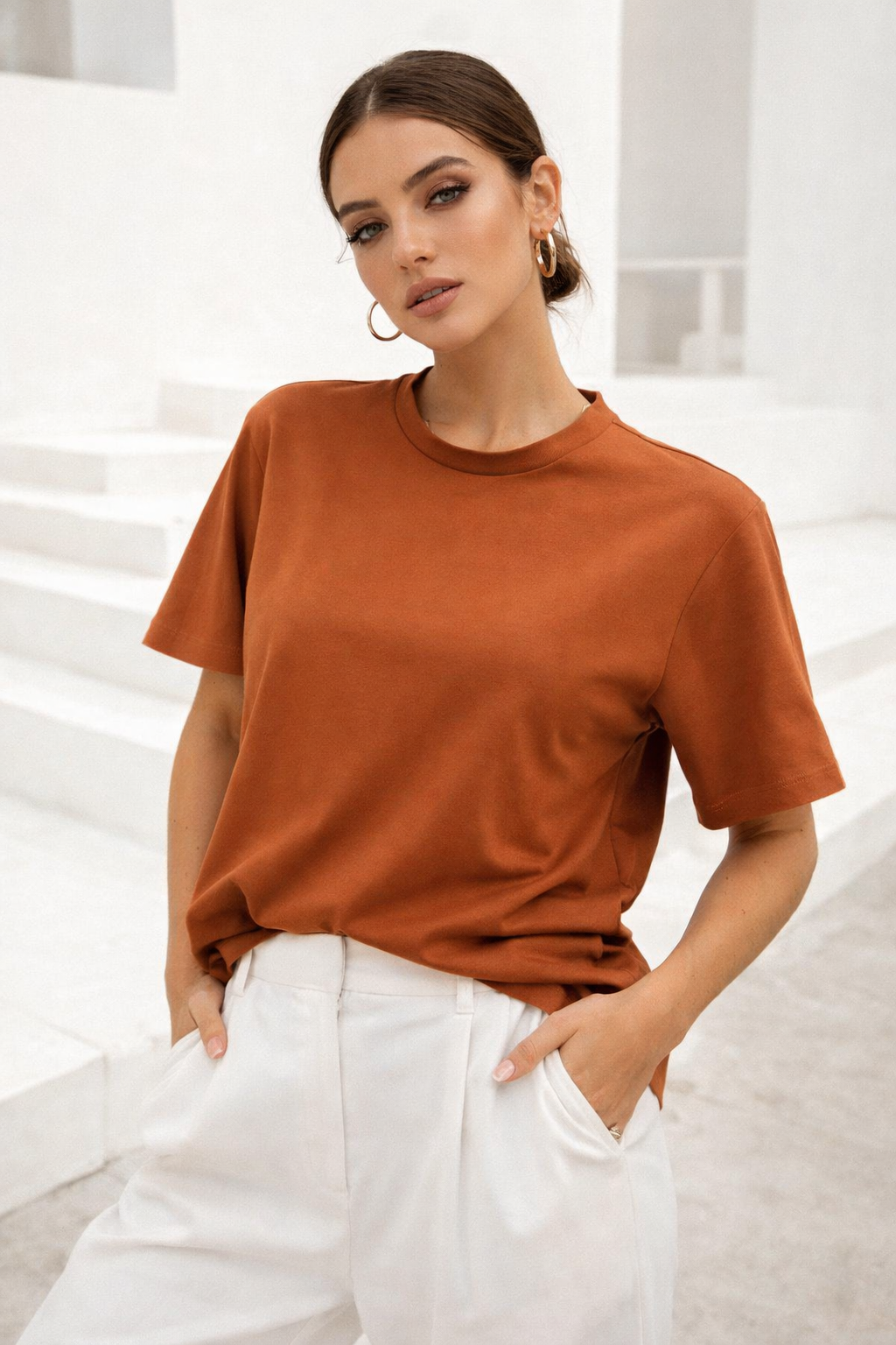 Kadın Kiremit Premium Modal Kumaş Oversize T-Shirt