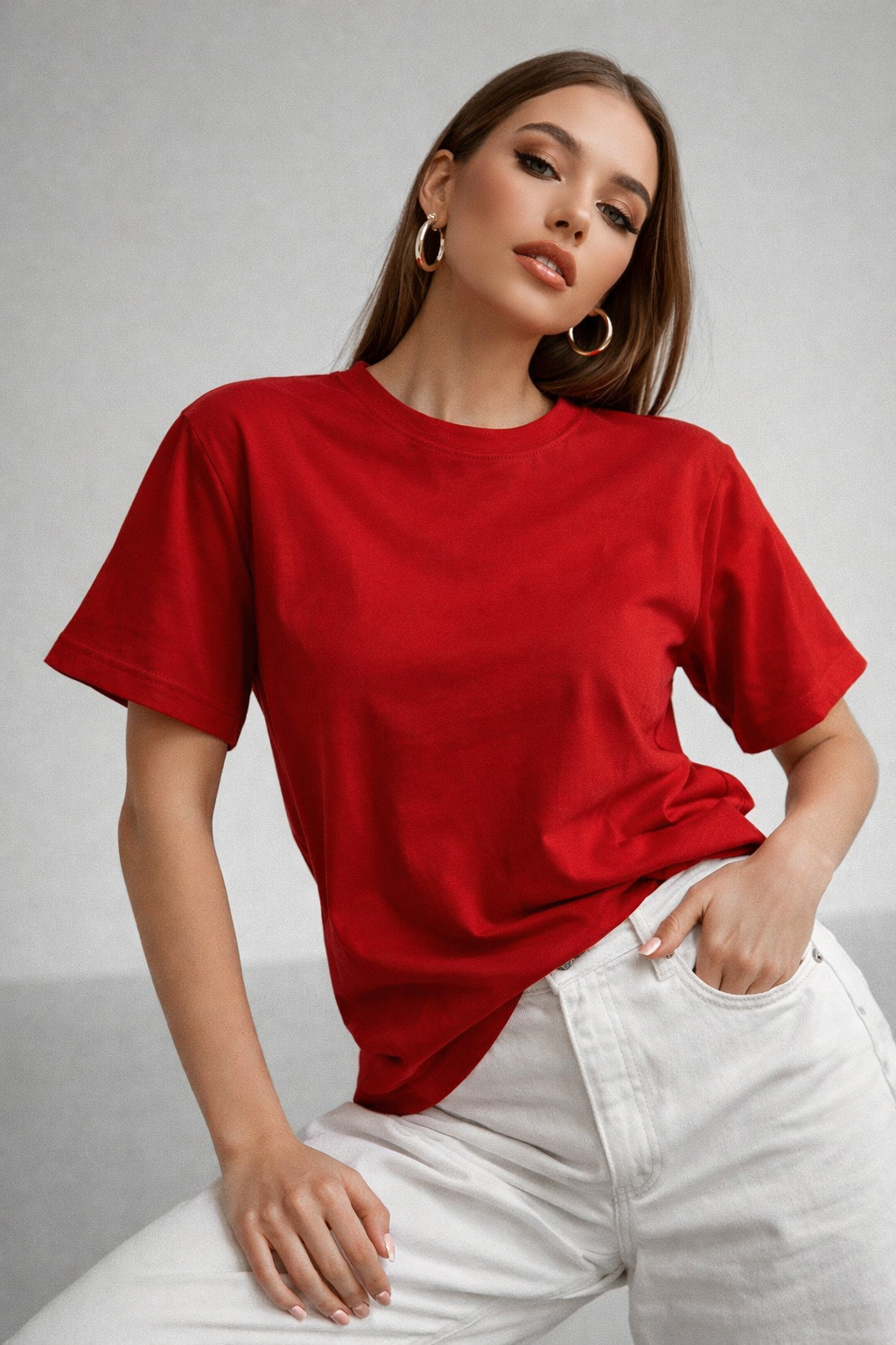 Kadın Kırmızı %100 Pamuk Oversize Basic Tişört – Rahat Kalıp Relaxed Bisiklet Yaka T-Shirt