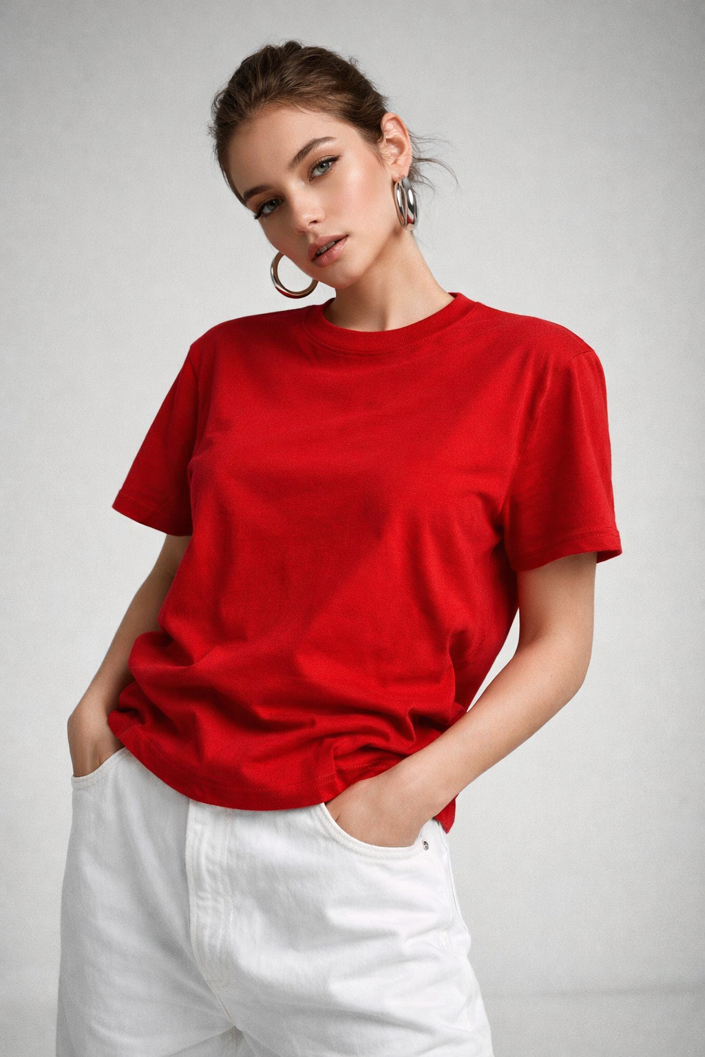 Kadın Kırmızı %100 Pamuk Oversize Basic Tişört – Rahat Kalıp Relaxed Bisiklet Yaka T-Shirt