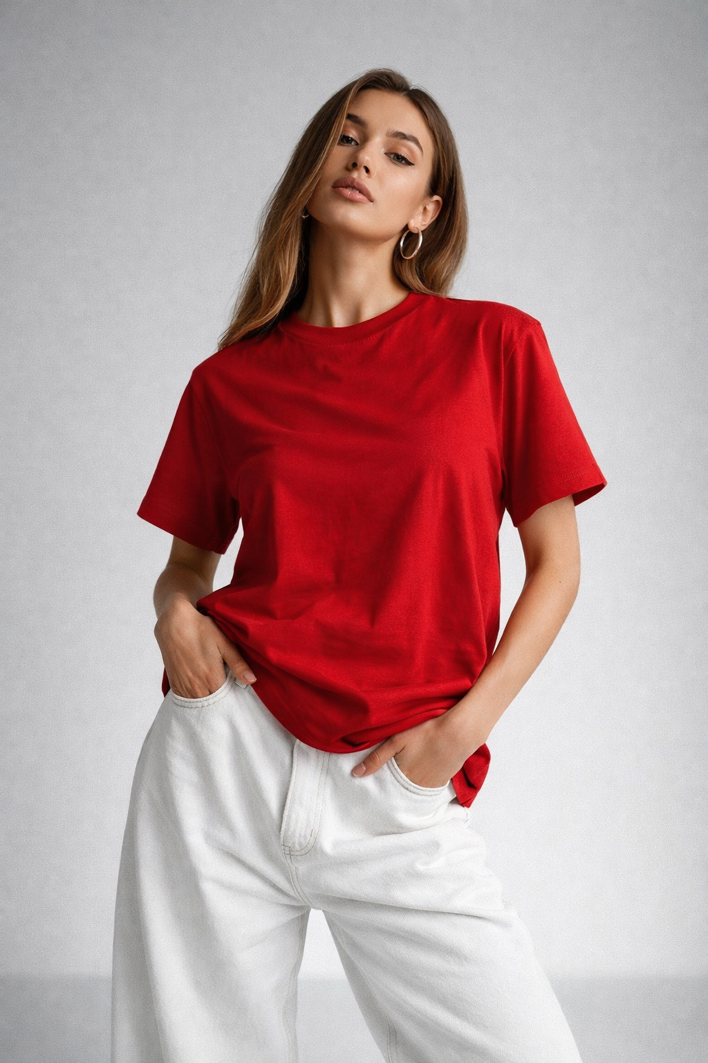 Kadın Kırmızı %100 Pamuk Oversize Basic Tişört – Rahat Kalıp Relaxed Bisiklet Yaka T-Shirt
