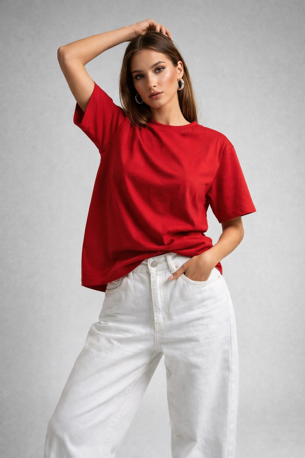 Kadın Kırmızı %100 Pamuk Oversize Basic Tişört – Rahat Kalıp Relaxed Bisiklet Yaka T-Shirt