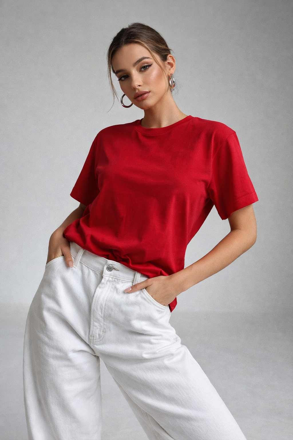 Kadın Kırmızı %100 Pamuk Oversize Basic Tişört – Rahat Kalıp Relaxed Bisiklet Yaka T-Shirt