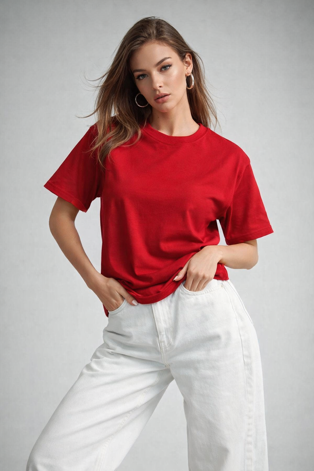 Kadın Kırmızı %100 Pamuk Oversize Basic Tişört – Rahat Kalıp Relaxed Bisiklet Yaka T-Shirt