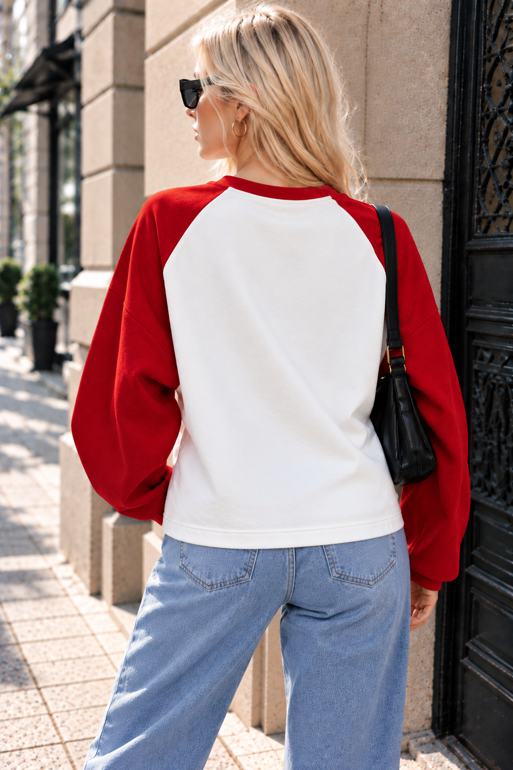 Kadın Kırmızı Beyaz Reglan Kol Pamuklu Oversize Sweatshirt