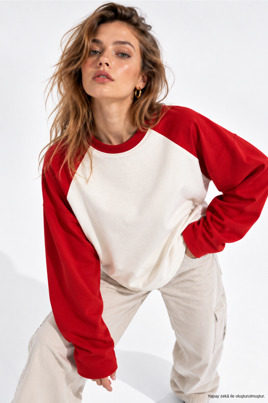 Kadın Kırmızı Beyaz Reglan Kol Pamuklu Oversize Sweatshirt