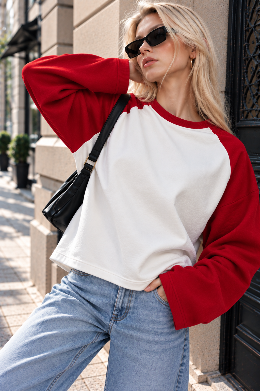 Kadın Kırmızı Beyaz Reglan Kol Pamuklu Oversize Sweatshirt