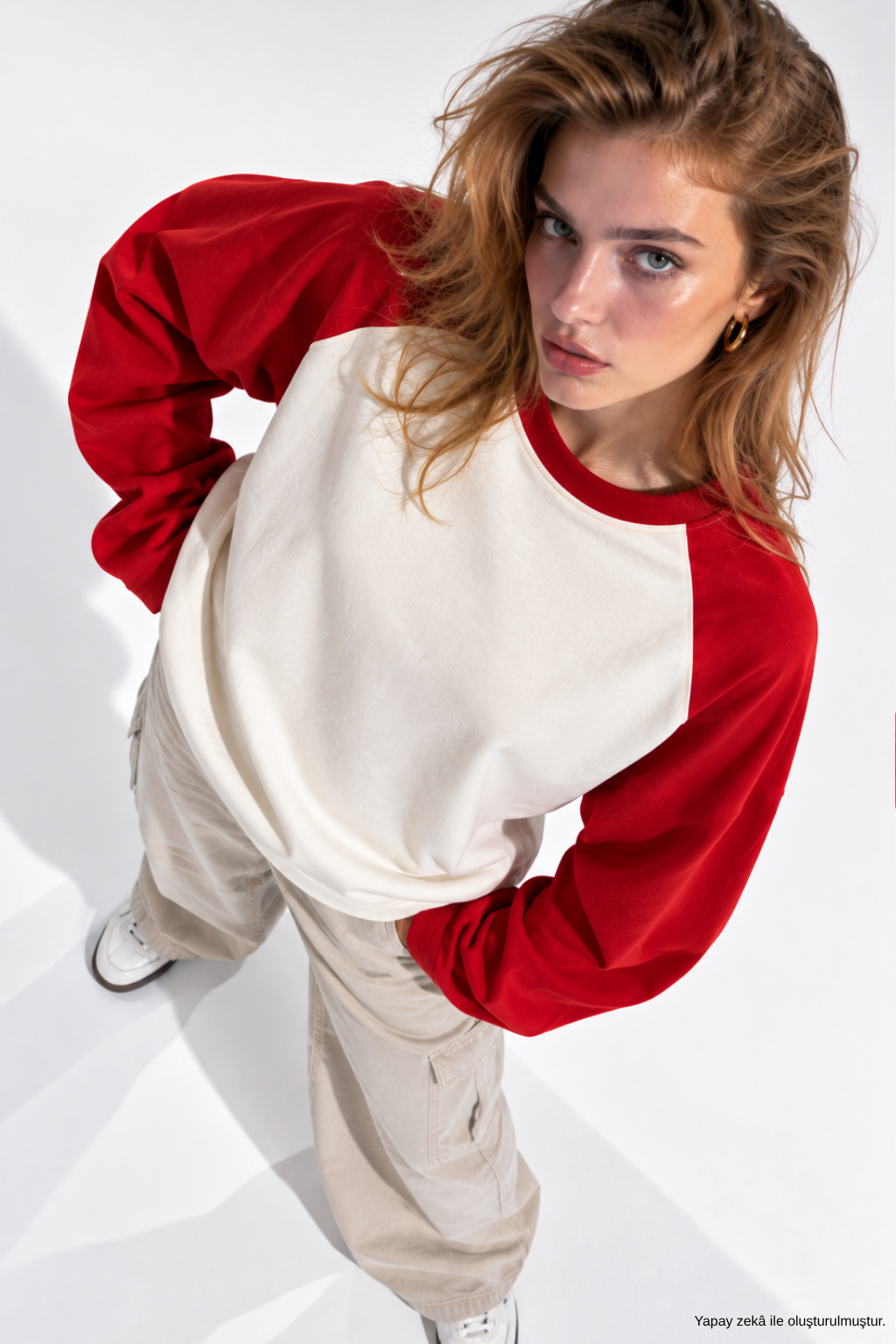 Kadın Kırmızı Beyaz Reglan Kol Pamuklu Oversize Sweatshirt