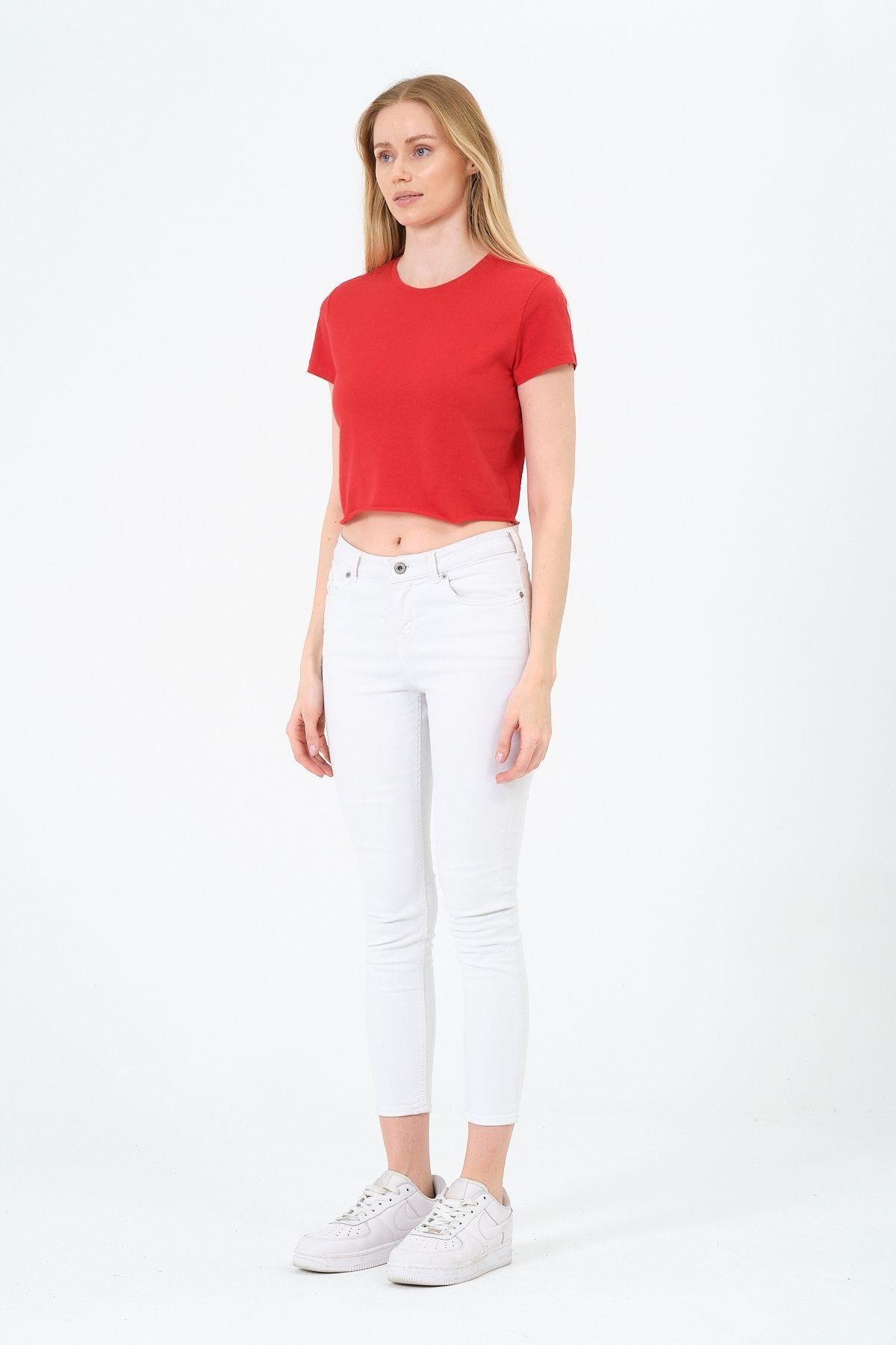 Kadın Kırmızı Kısa Kollu Oversize Crop - Pamuklu Basic Bisiklet Yaka T-shirt