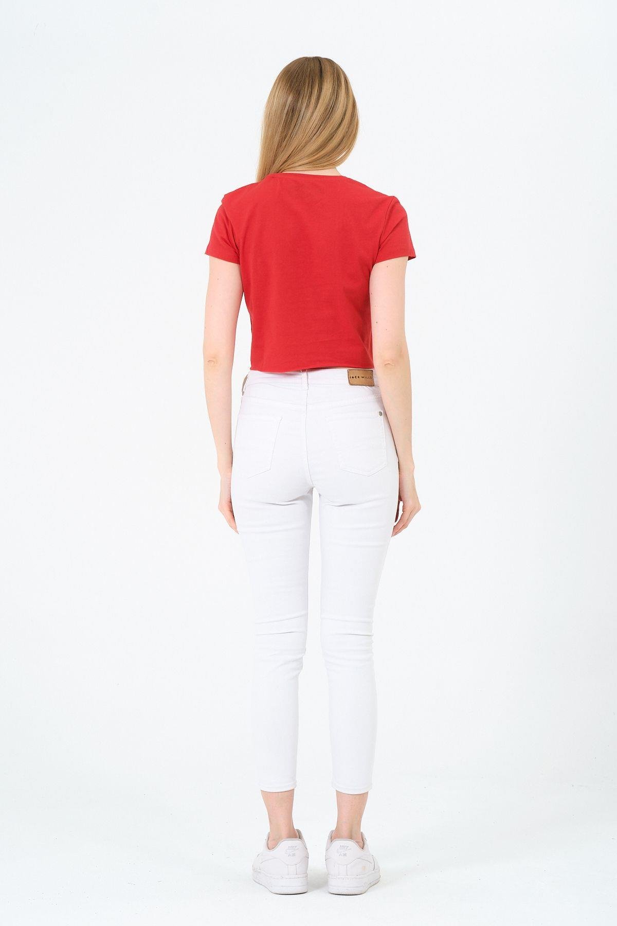 Kadın Kırmızı Kısa Kollu Oversize Crop - Pamuklu Basic Bisiklet Yaka T-shirt
