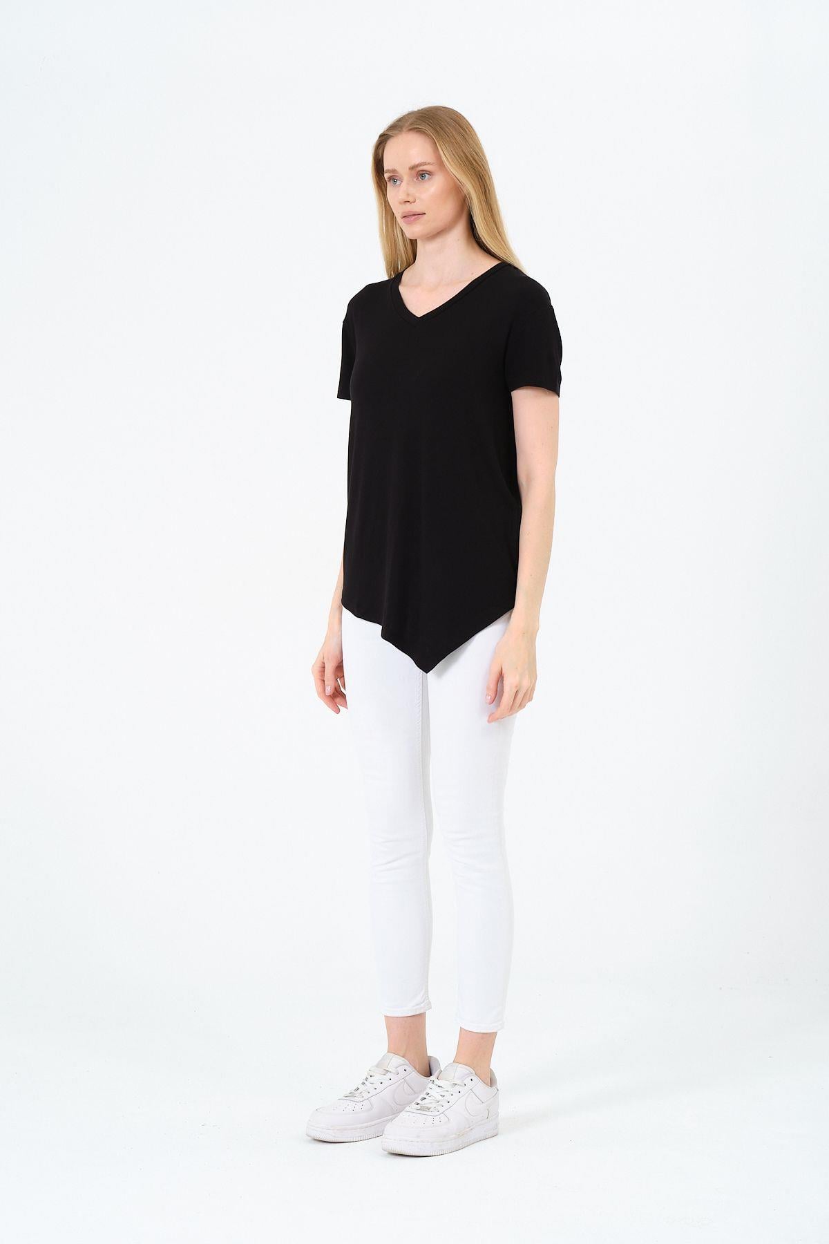 Kadın Kısa Kollu Oversize V Yaka T-Şhirt