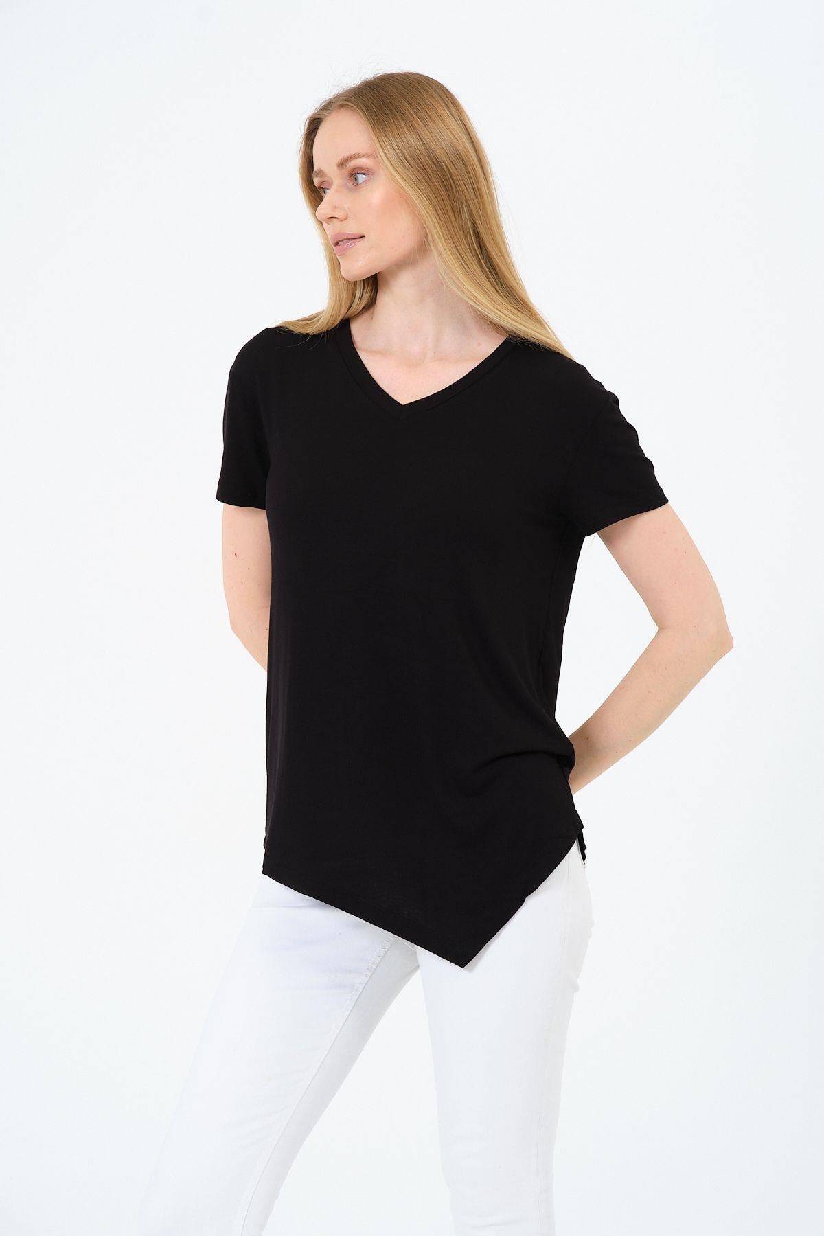 Kadın Kısa Kollu Oversize V Yaka T-Şhirt