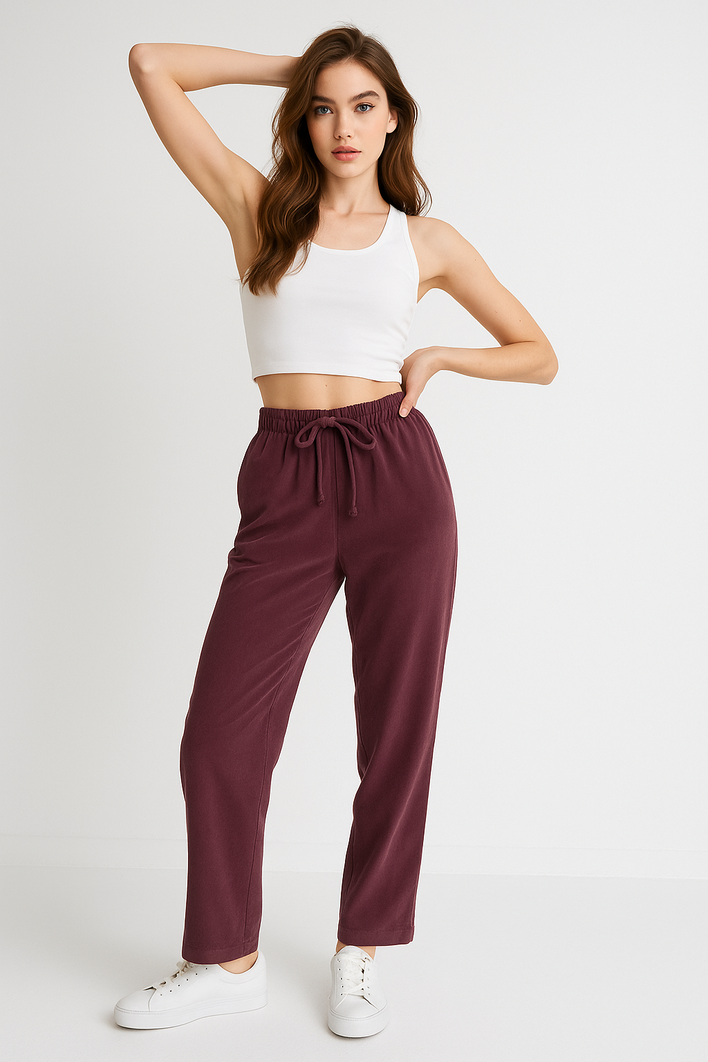 Kadın Koyu Mürdüm Yüksek Beli Lastikli Bol Paça Pantolon-MULTICOLOUR 42